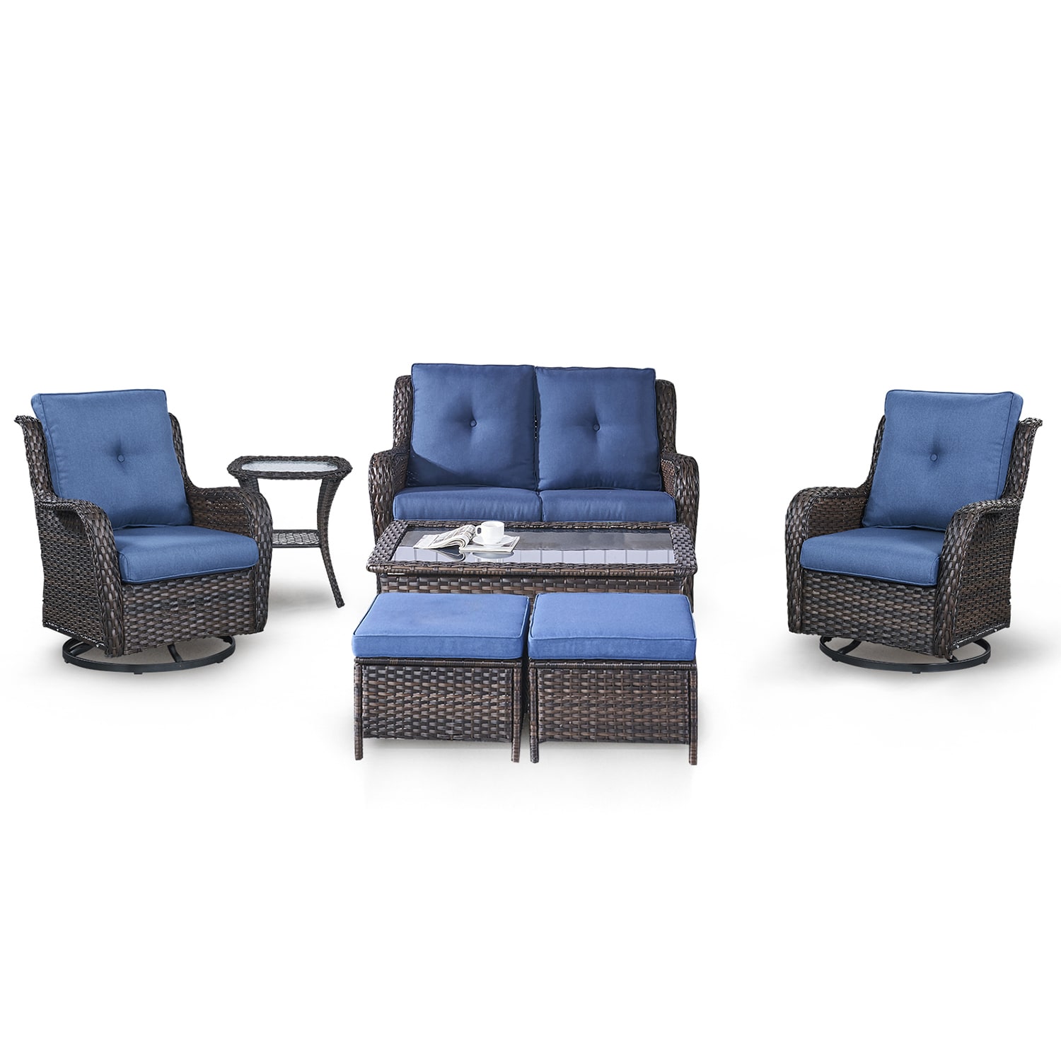 Curved Handrail 7-Piece Wicker Patio Conversation Set with Blue Cushions | - Rilyson FS038023014018025-1