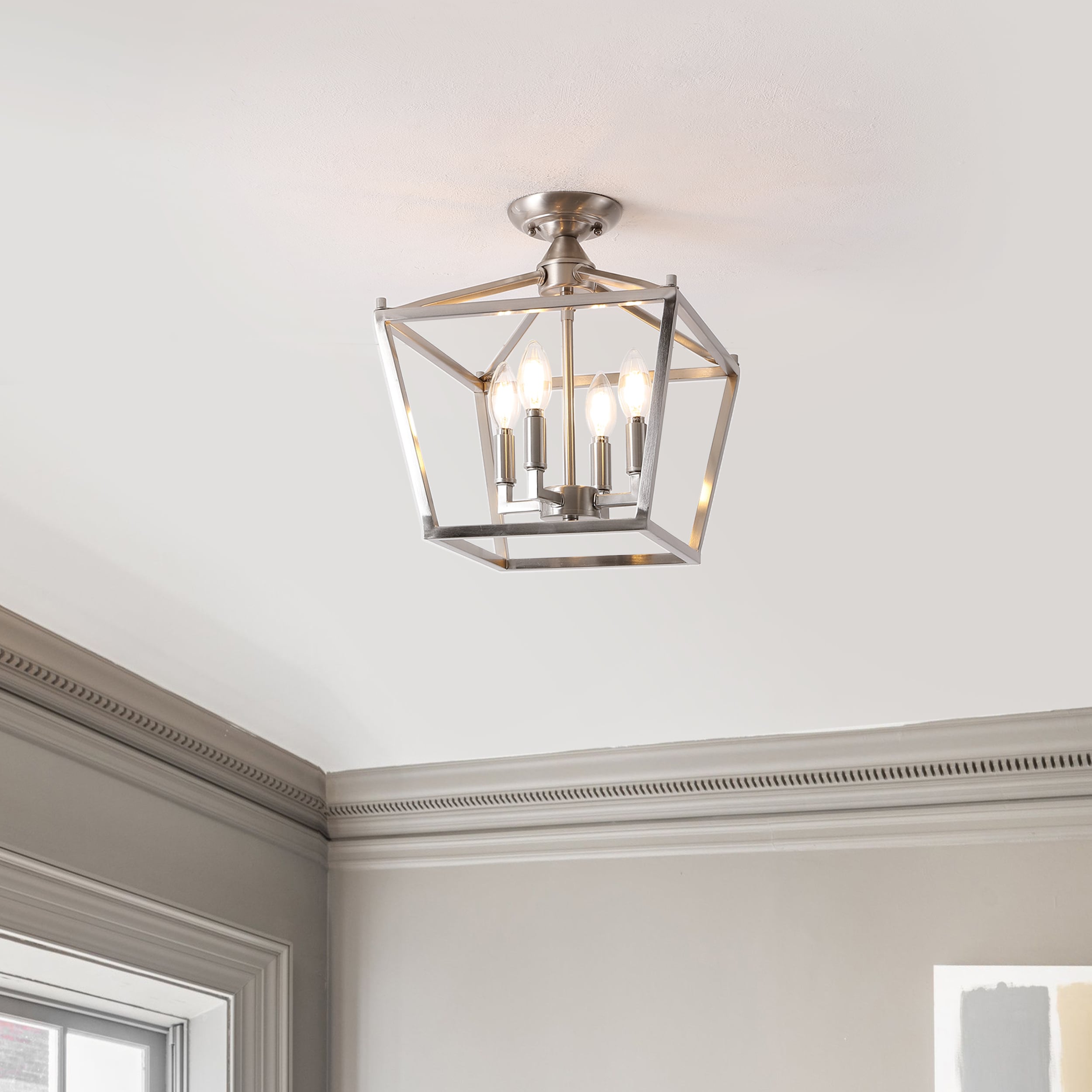 JONATHAN  Y JYL7610D Plains Mini Lantern 12" Iron Pagoda Farmhouse 1 -Light 12-in Nickel Semi Flush Mount Light