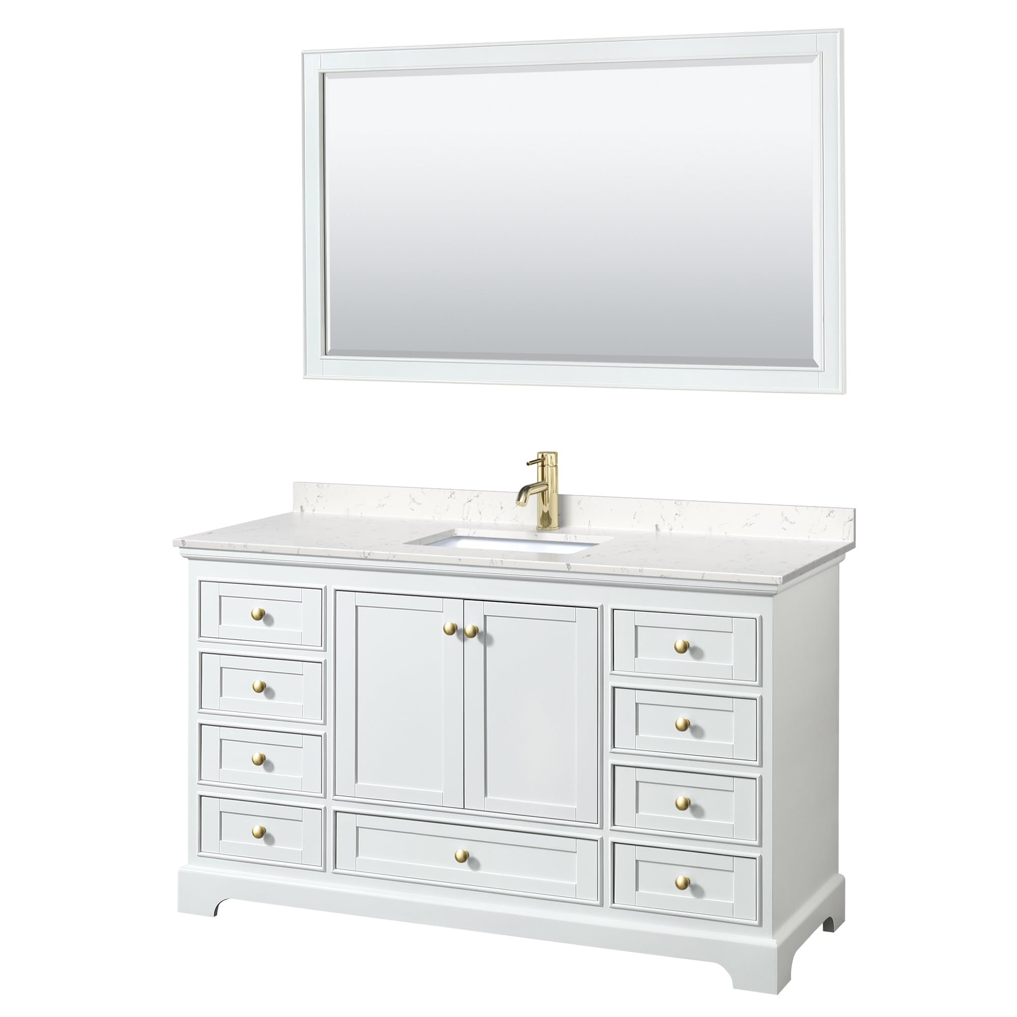 Wyndham Collection WCS202060SWGC2UNSM58 Deborah 60-in White with Brushed Gold Trim Undermount Single sink Bathroom Vanity with Carrara Cultured Marble Cultured marble Top (Mirror Included)