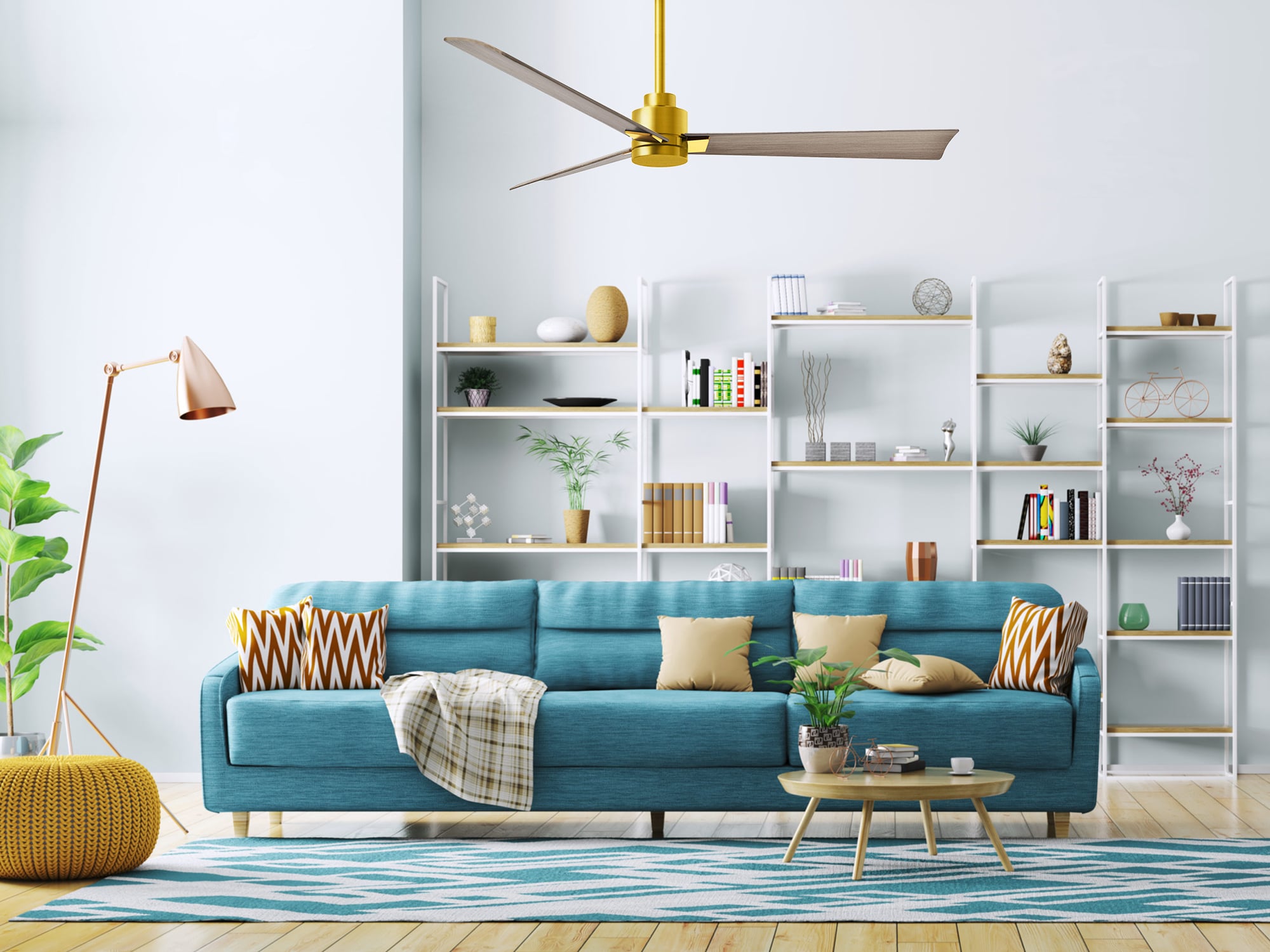 Matthews Fan Company AK-BRBR-GA-72 Alessandra 72-in Outdoor Brushed Brass with Gray Ash Blades Ceiling Fan Without Light - Remote Included ( 3 -Blade )
