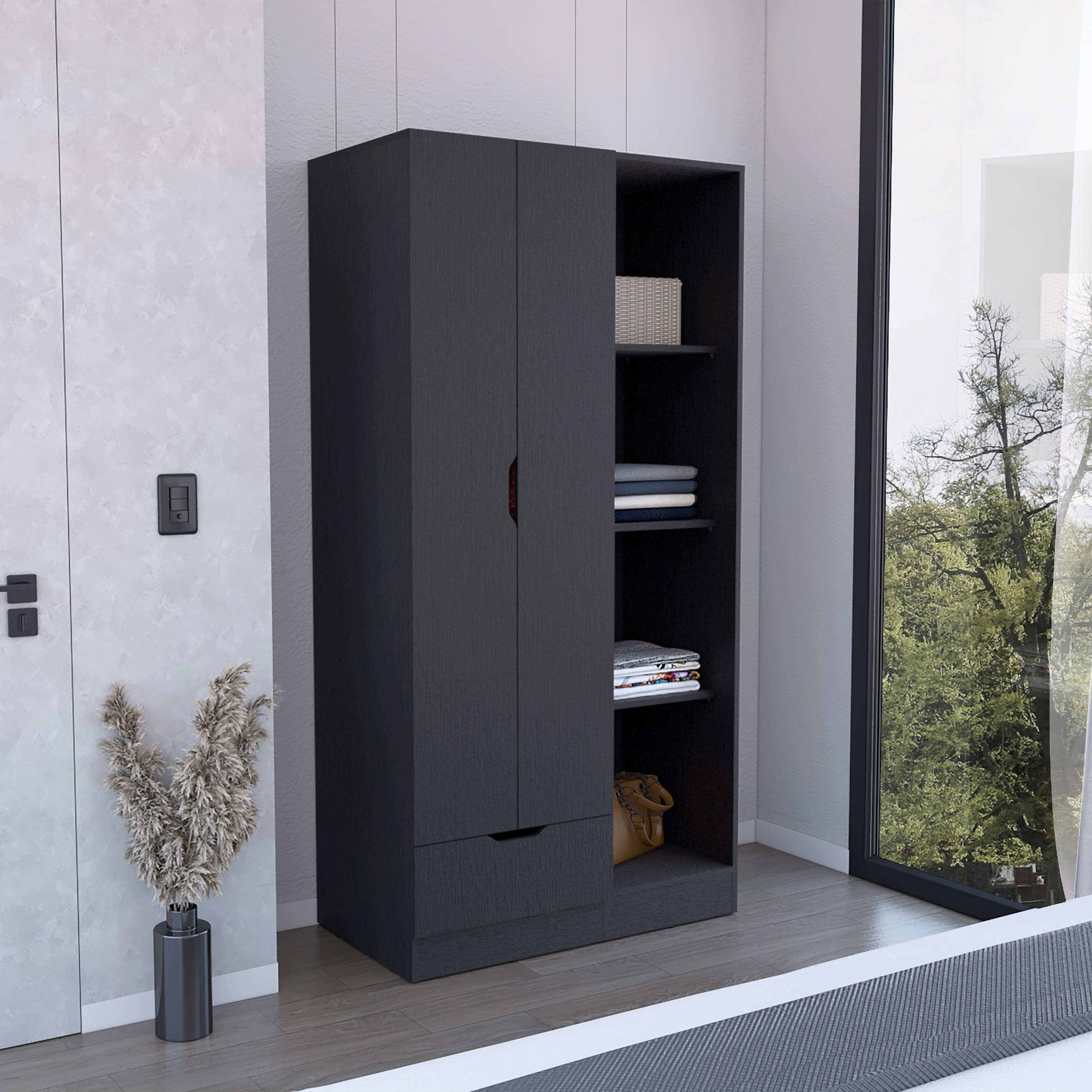 LOVMOR - Black Memphis Wardrobe Armoire 4 Tier Shelves 1 Drawer