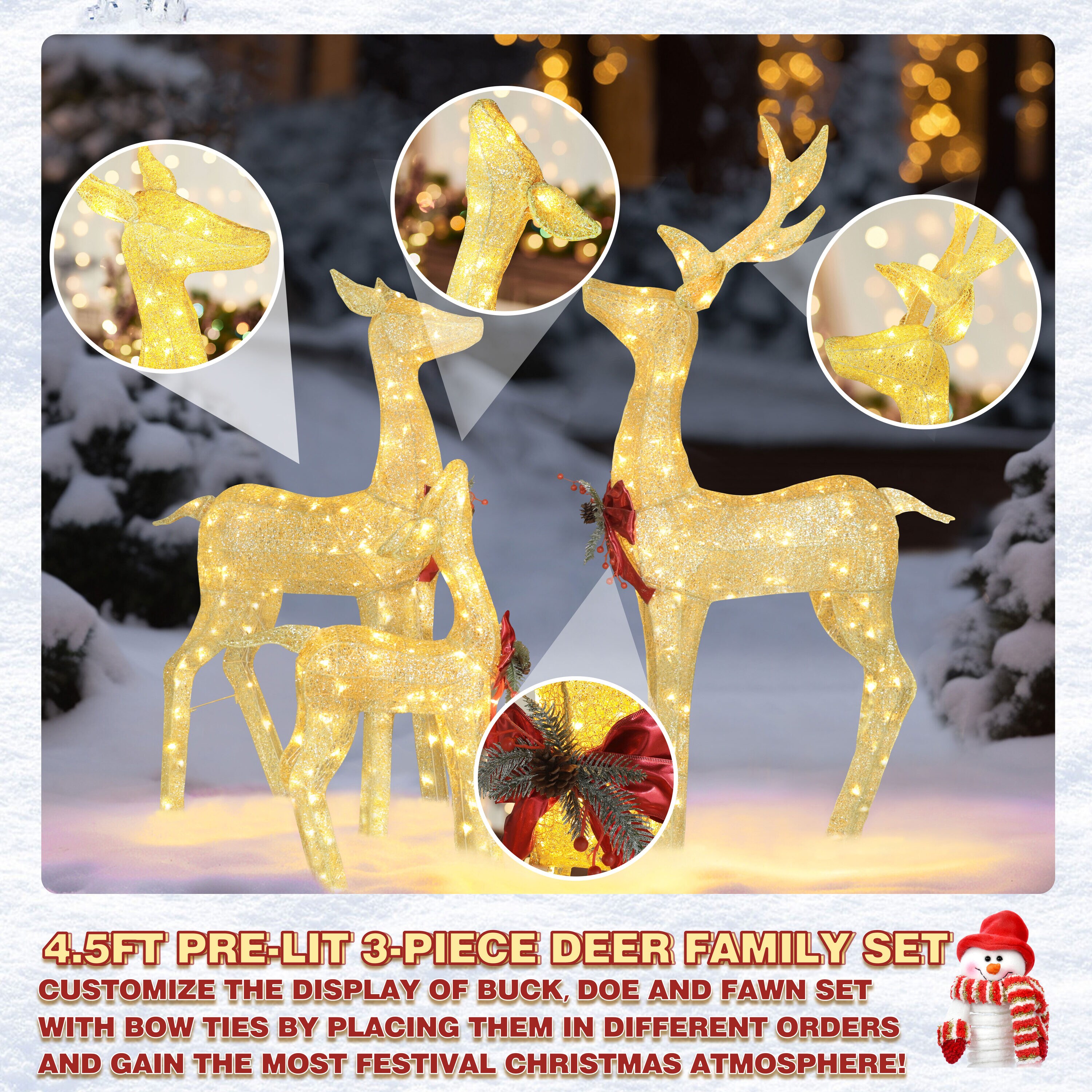 3 Piece Pre-Lit Holiday Twinkling Deer Family