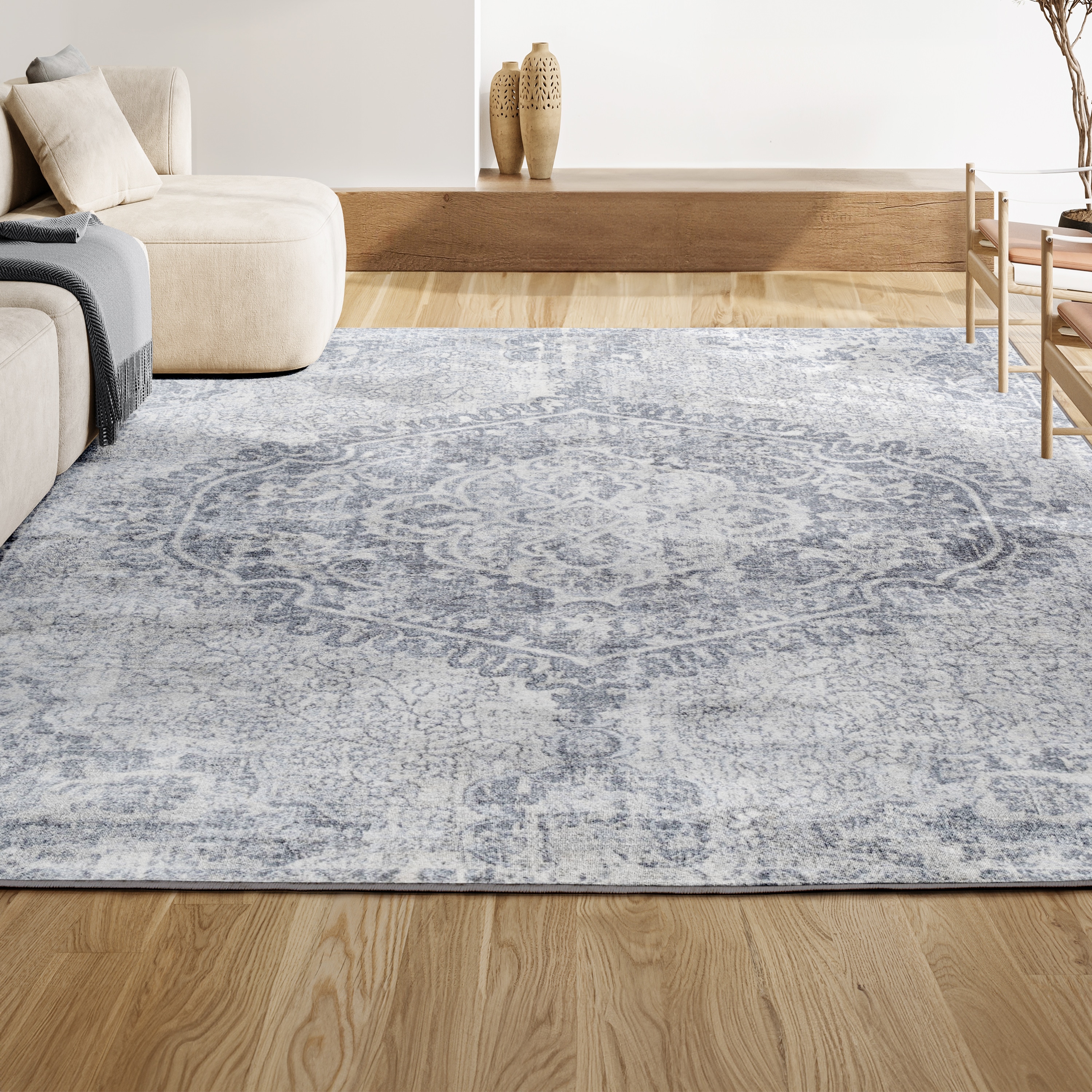 Gray Round Reversible Synthetic Medallion Rug
