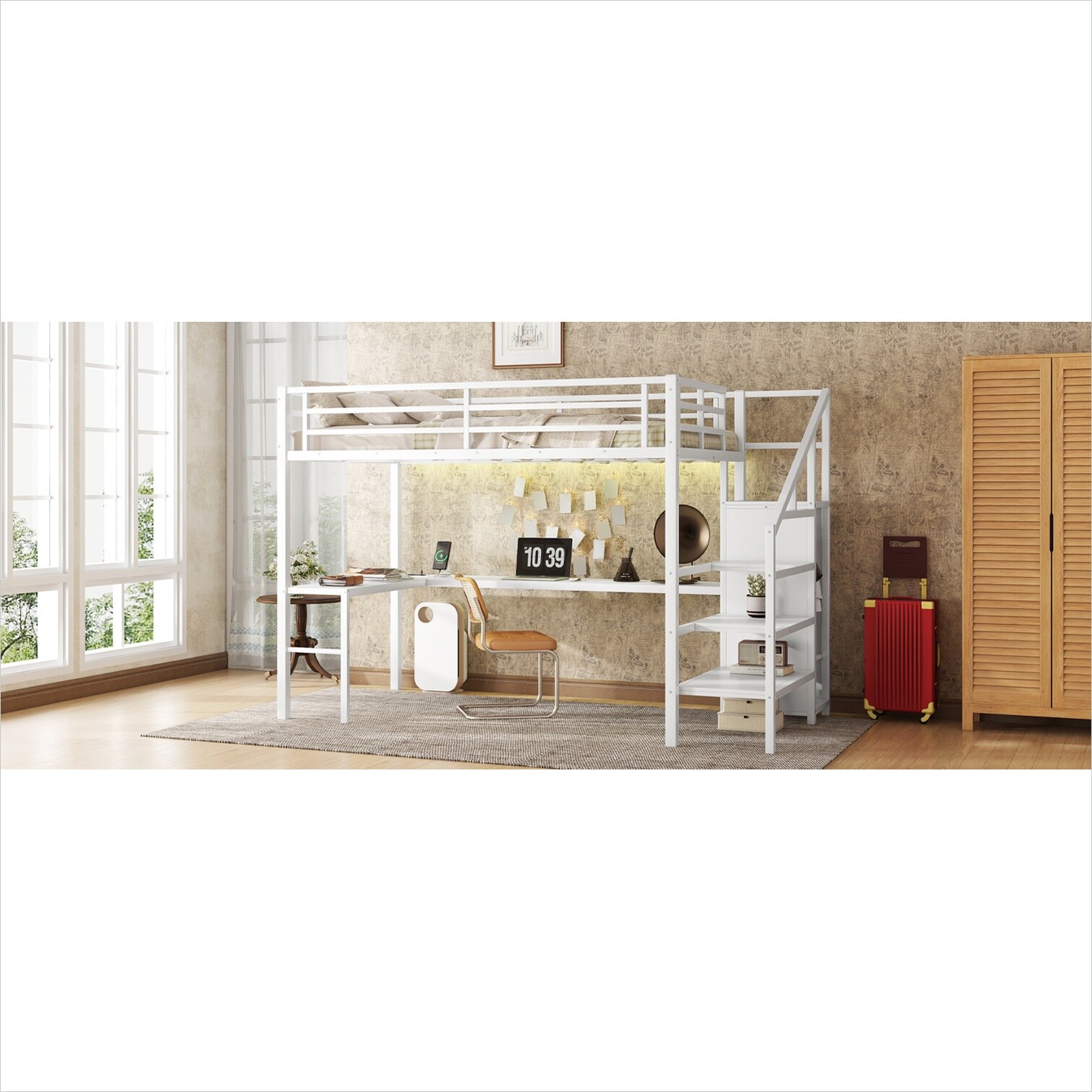 Naturefalls Metal Loft Bed in Clean White with L-Shaped Desk and ...