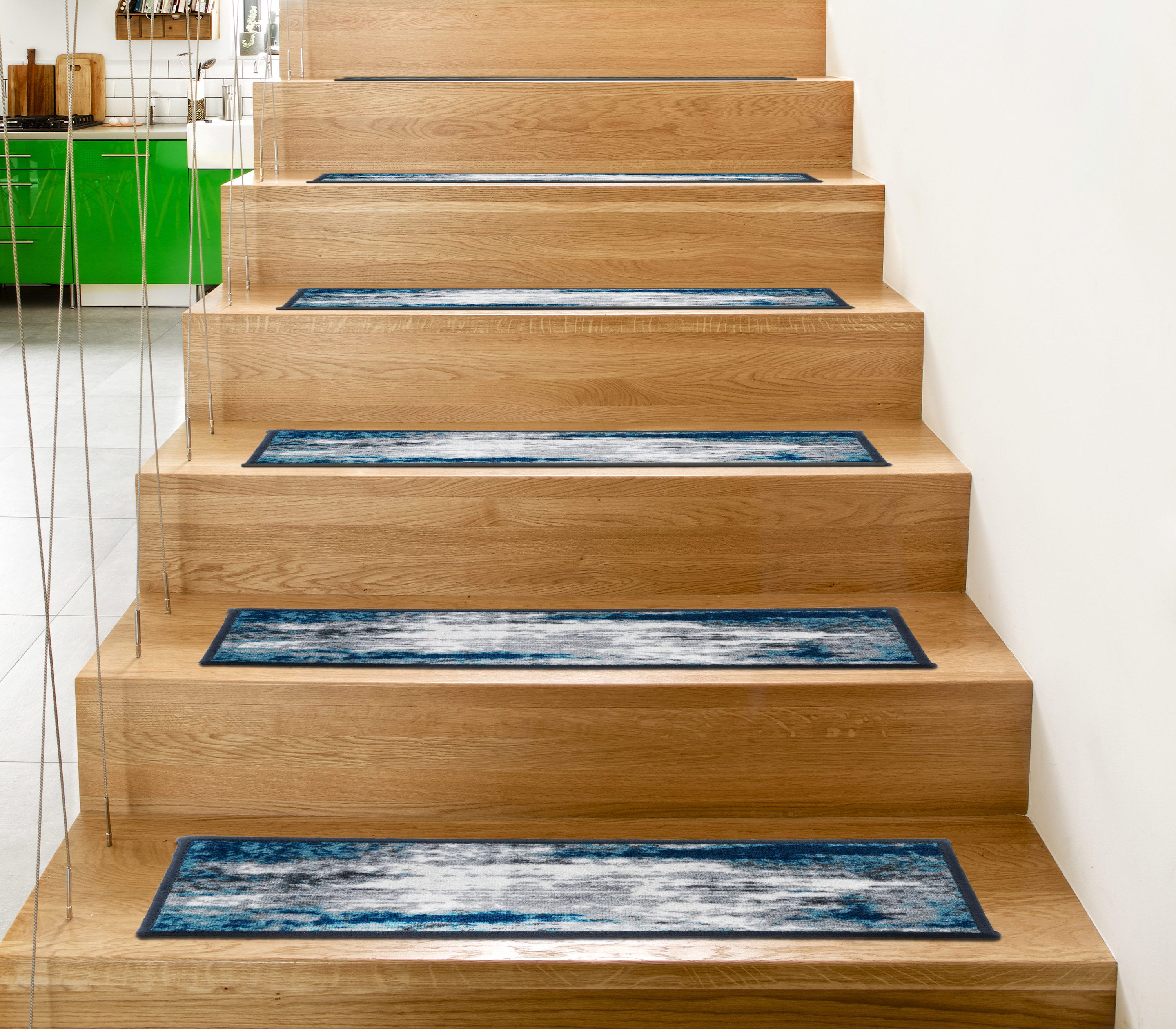 Blue and Gray Abstract Non-Slip Stair Treads Set of 4