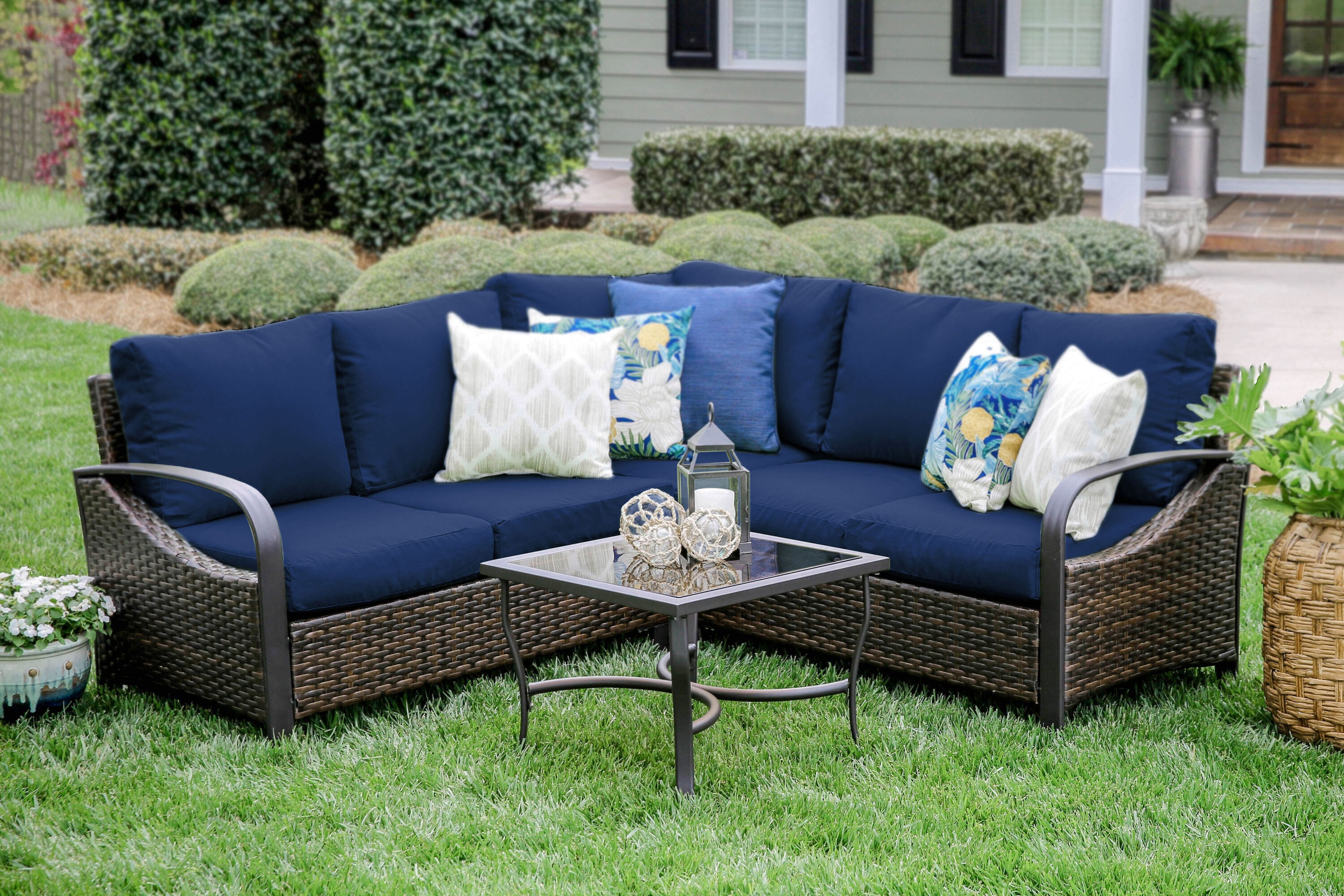 Leisure Made Trenton Wicker Outdoor Sectional with Blue Cushion(S) and ...