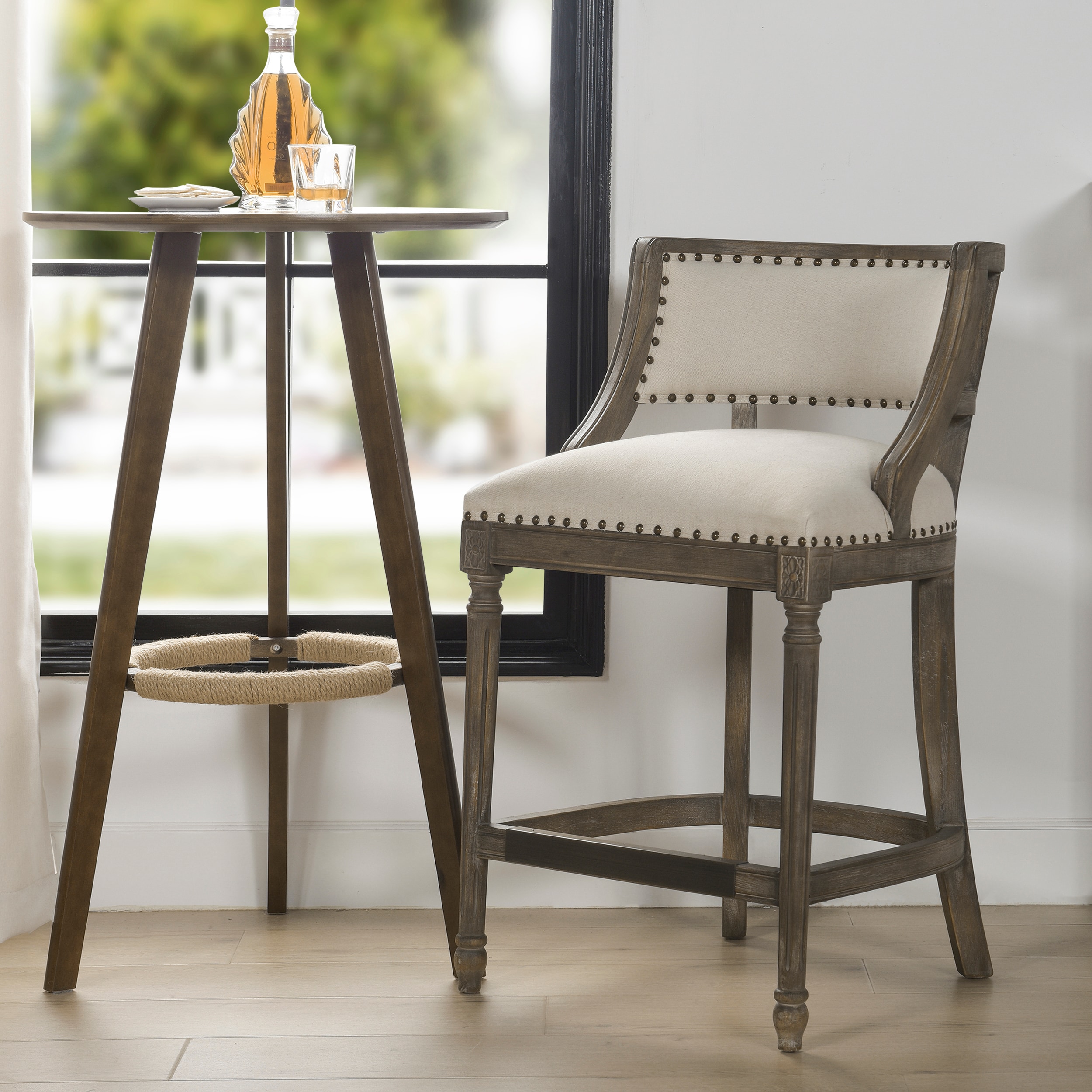 Elegant Light Beige Leather-Wrapped Bar Stool with Brass Accents