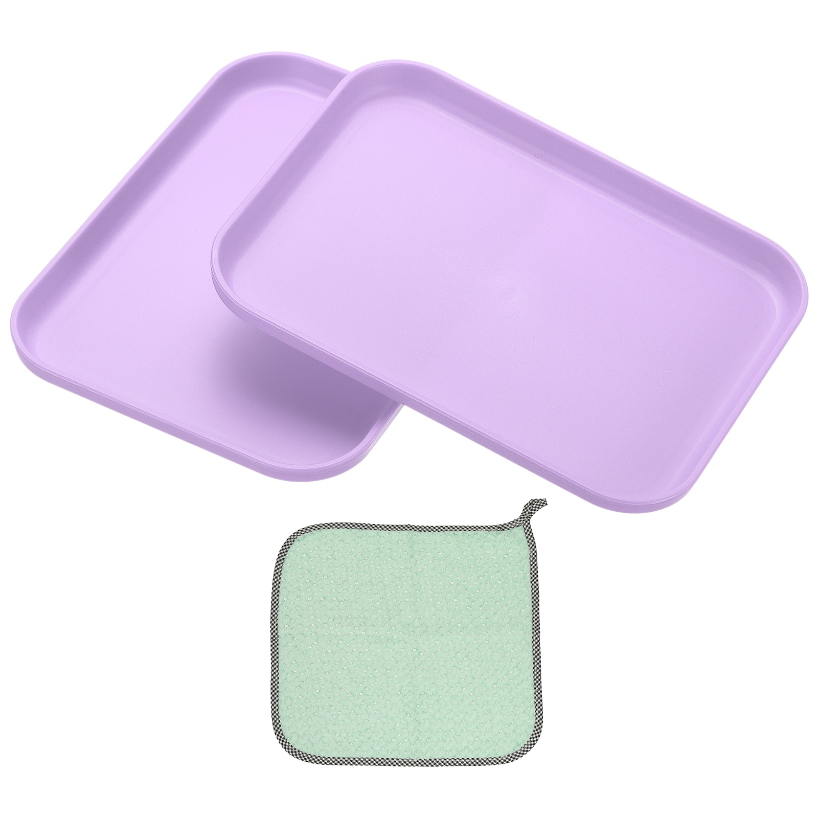 PATIKIL 7.9x5.9 Inch Plastic Tray 2pcs Rectangular Plates Small Food Tray Wheat Plates Dishes Reusable Dessert Plate Trays with Cloth for Cake Fruits Salad Cupcake Steak Serving Purple