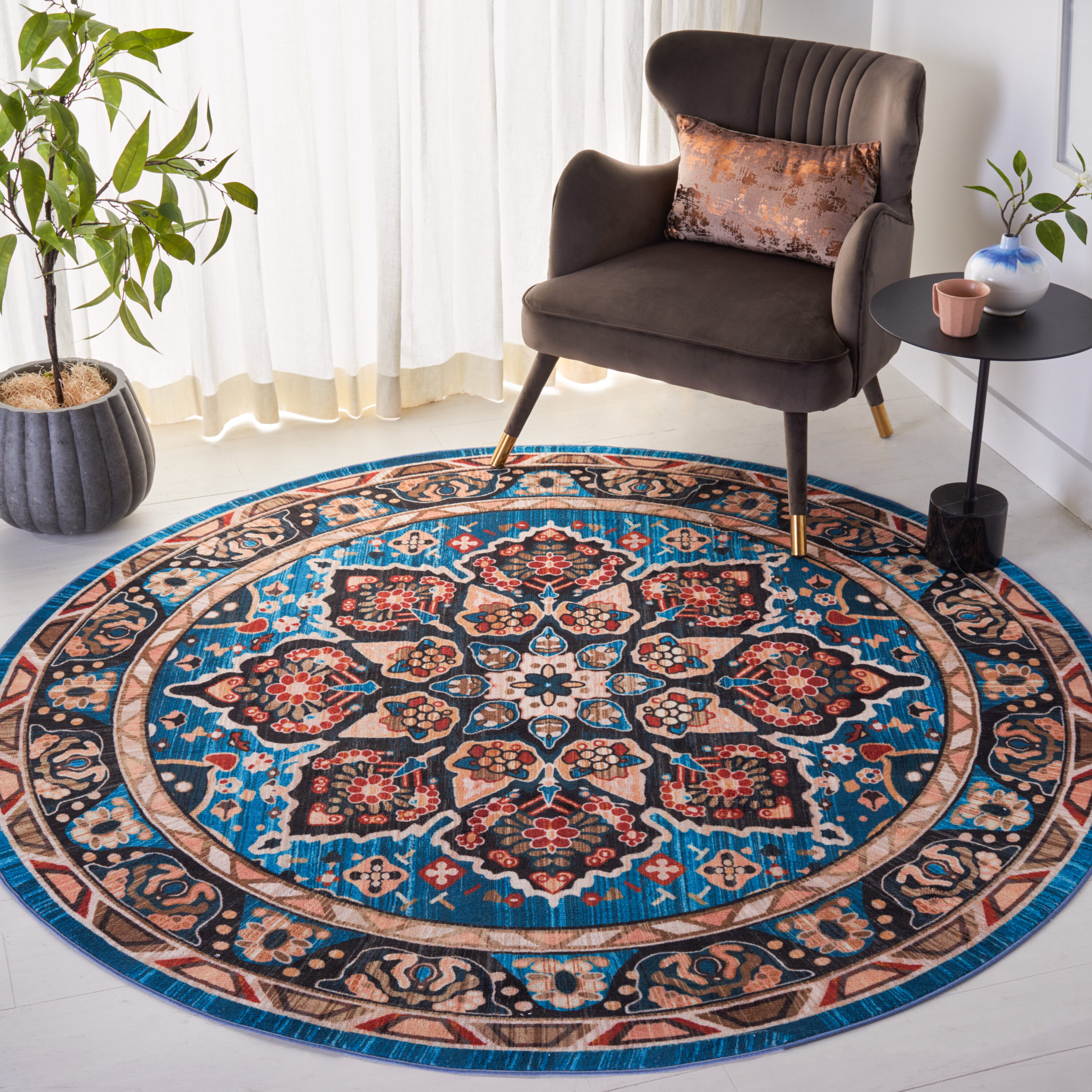 Safavieh RIV155M-7R Riviera 7 x 7 (ft) Loomed Polyester Blue/Black Round Indoor Border Machine washable Area rug
