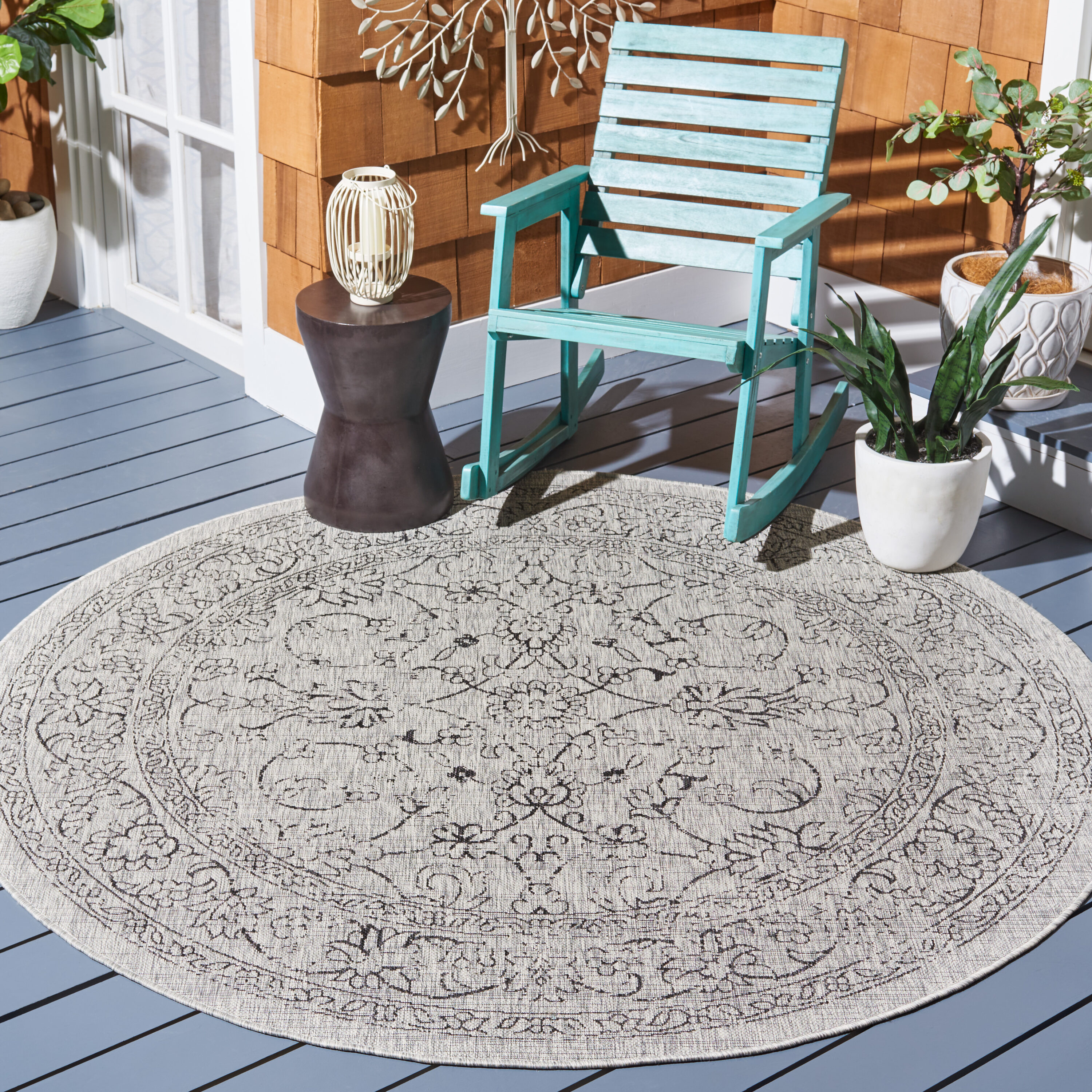 Safavieh CY8680-37612-7R Courtyard 7 x 7 (ft) Loomed Synthetic Gray/Black Round Indoor/Outdoor Floral Tropical Area rug