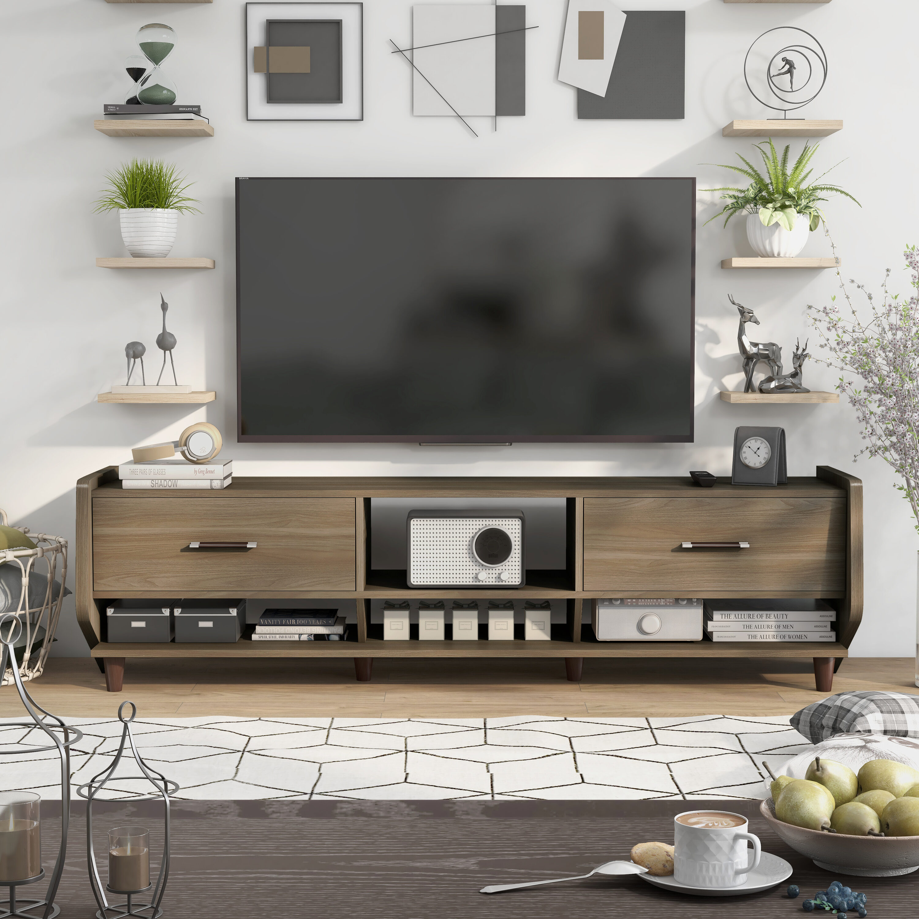 Furniture of America YNJ-18804C32 Beddington Modern/Contemporary Honey Walnut TV stand ( Accommodates TVs up to 80-in )