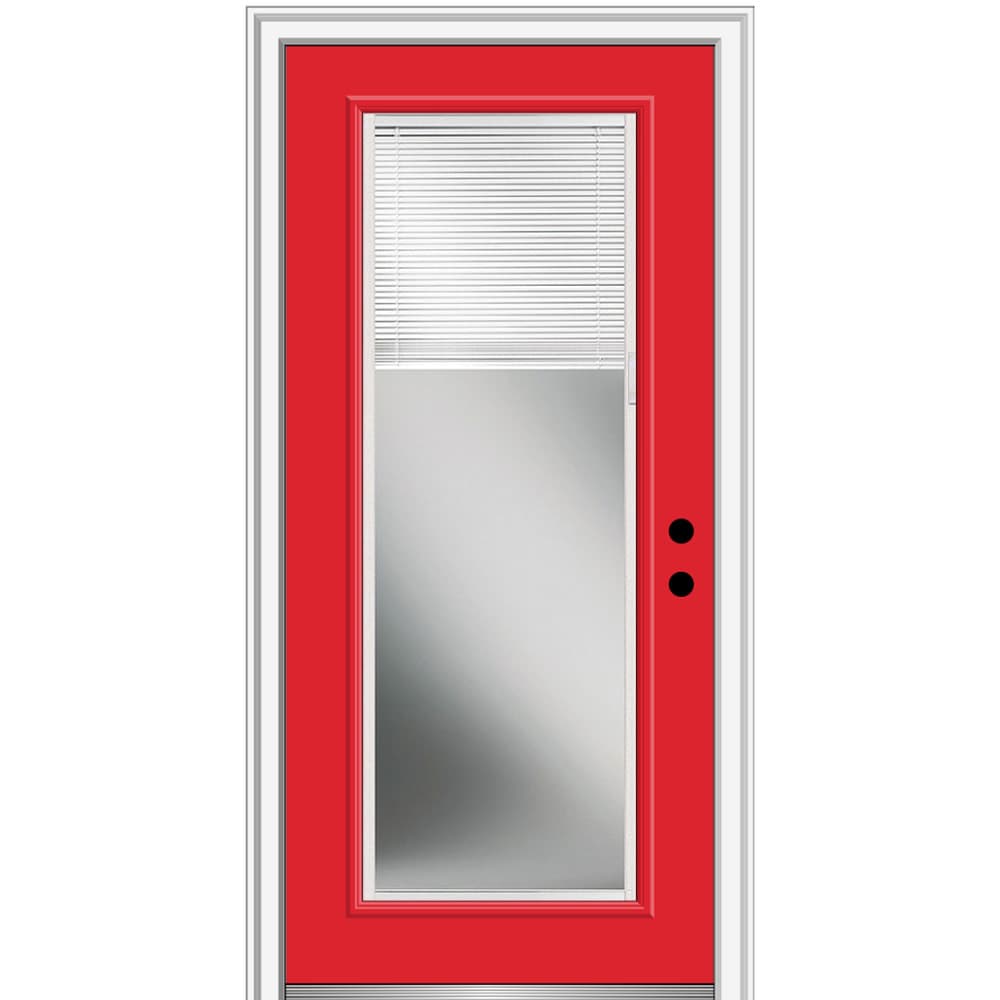 MMI DOOR ZZ24883L 32-in x 80-in x 6-9/16-in Fiberglass Full lite Left-hand inswing Red Saffron Painted Prehung Front Door with Brickmould Insulating core with Blinds
