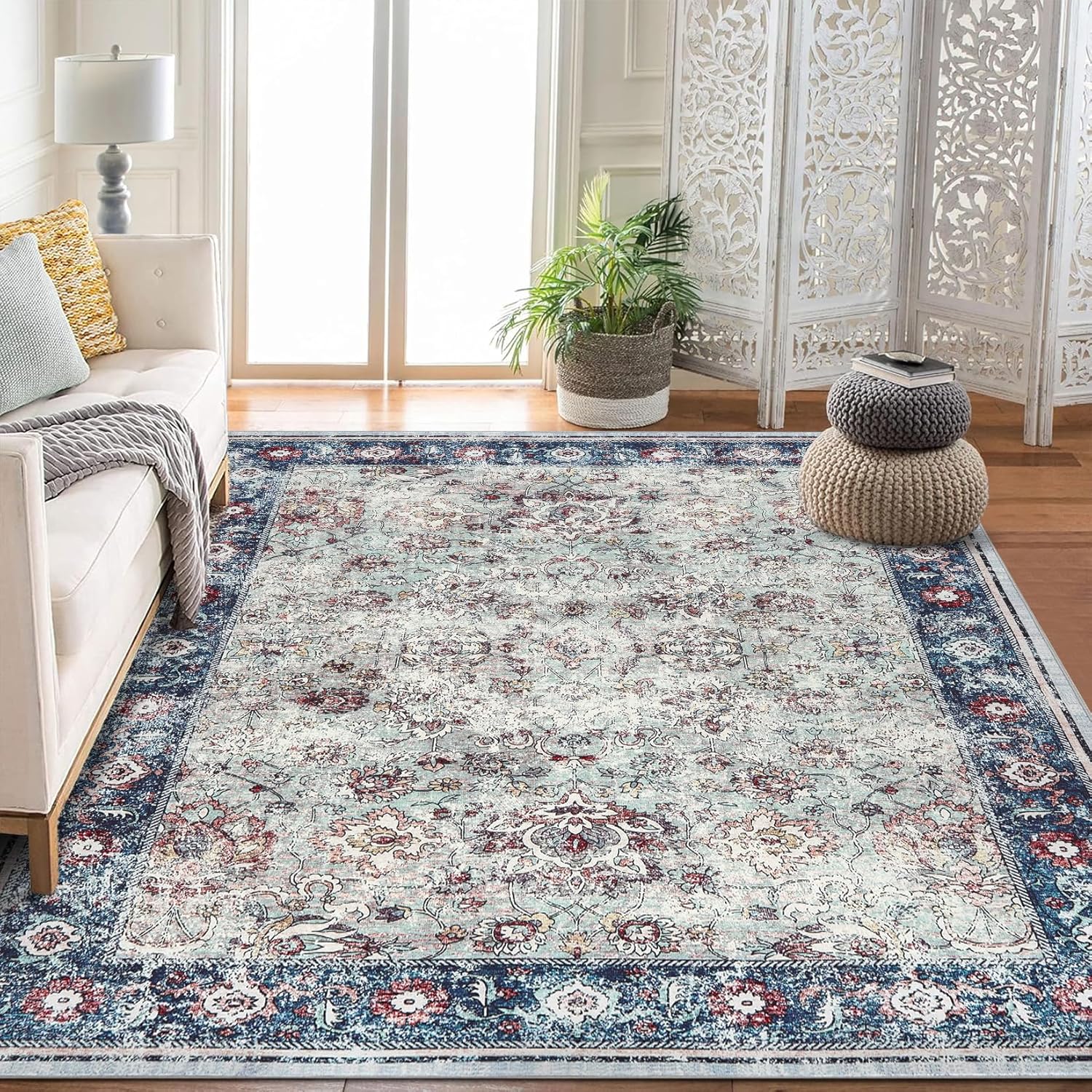 Washable Rug Washable Vintage Floral Ultra Soft Area Rug 5x7 FT Non Slip Abstract Rug Foldable Stain Resistant Rugs for Living Room Bedroom