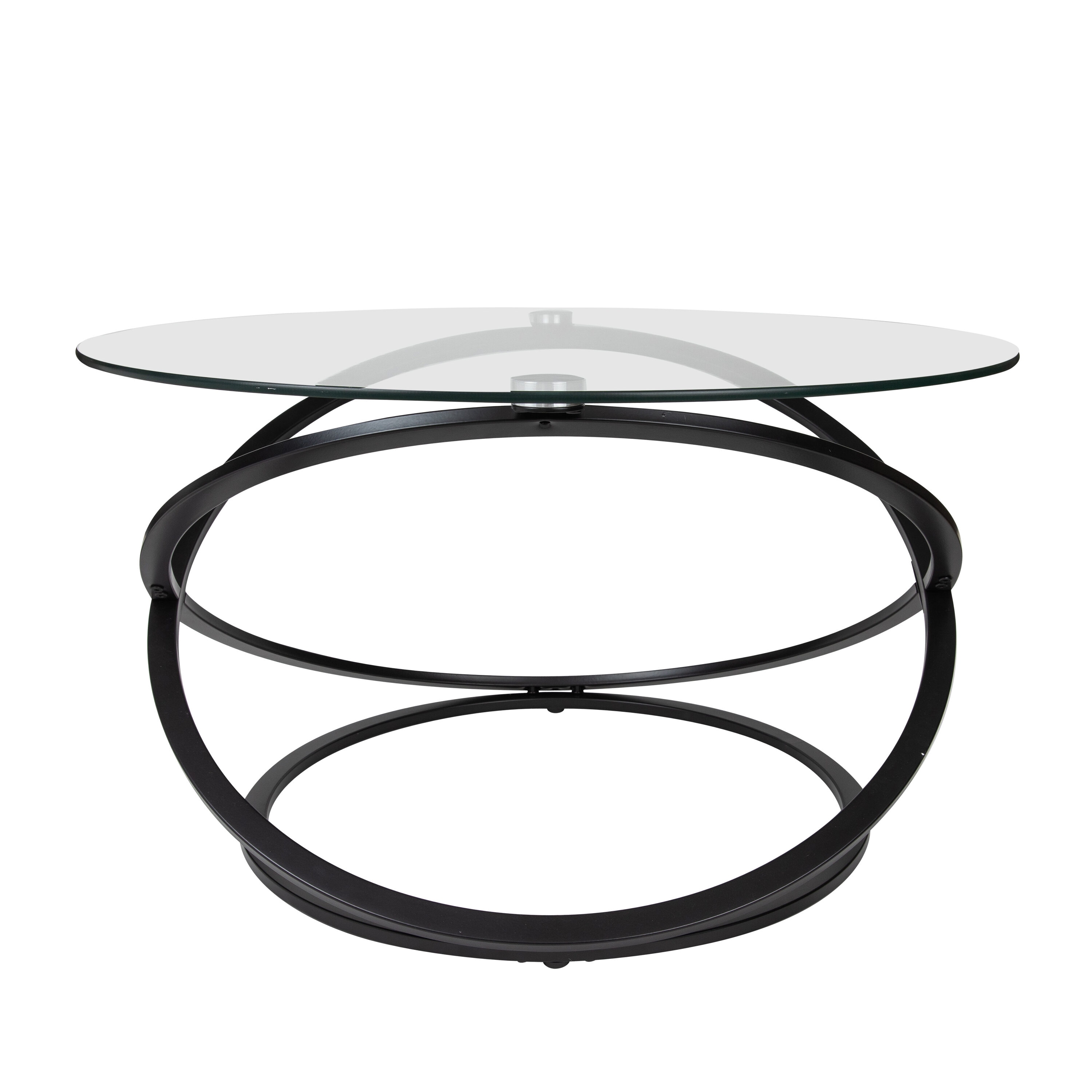 31.5" Round Clear Glass Coffee Table with Black Metal Base