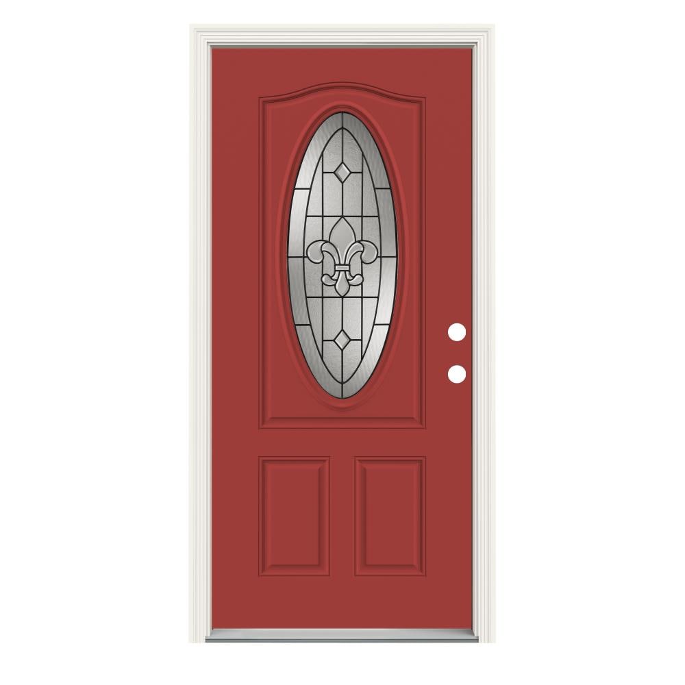 JELD-WEN LOWOLJW230400079 Nola 32-in x 80-in x 4-9/16-in Steel Oval Lite Left-Hand Inswing Persimmon Painted Prehung Front Door with Brickmould Insulating Core