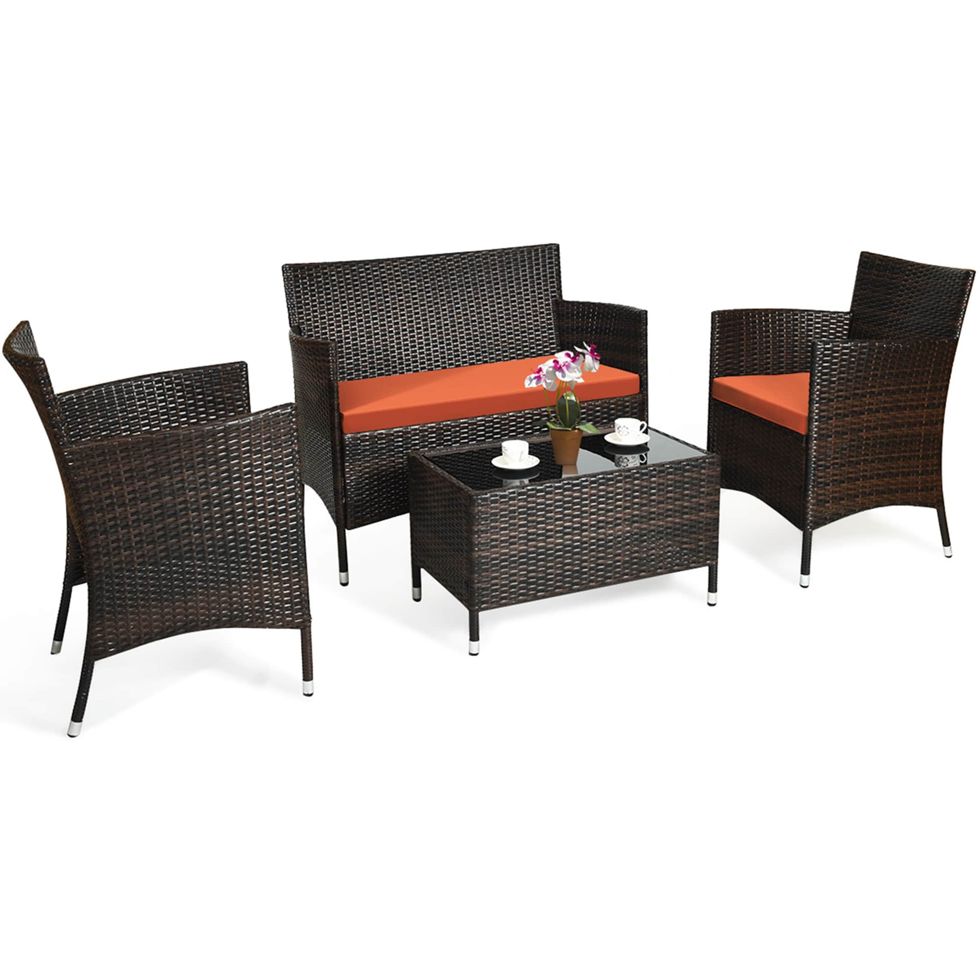 Costway LWS00027 4 -Piece Rattan Patio Conversation Set with Orange Cushions