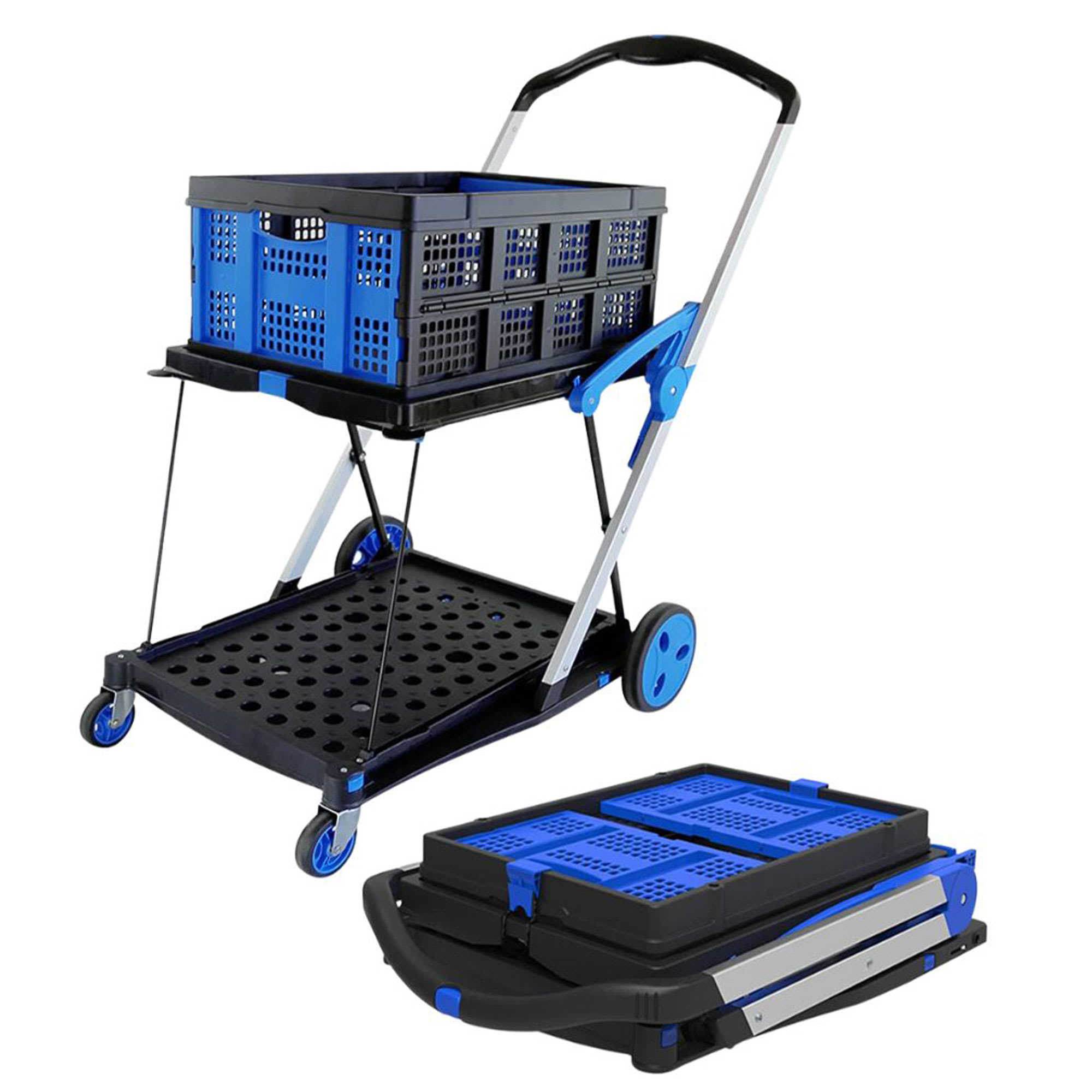 MAGNA CART 318227 2 Tier Foldable Shopping Trolley Cart with Folding Crate Black/Blue