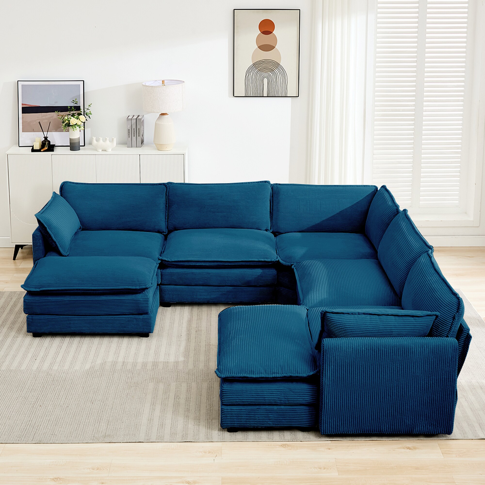 JEAREY 130-Inches Modern Navy Blue Velvet 6+ -seater Sectional