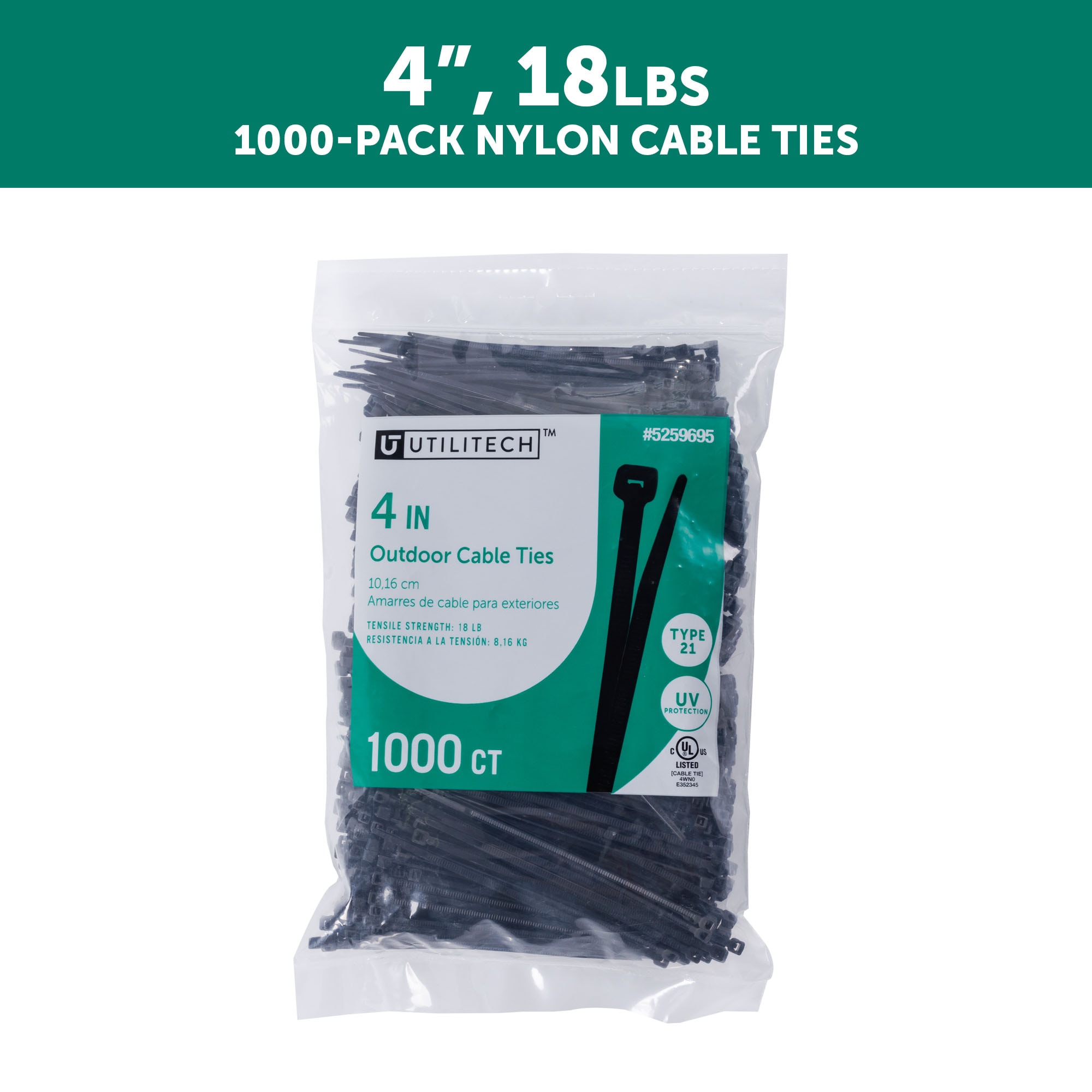 4-in Nylon Zip Ties Black with Uv Protection (1000-Pack) | - Utilitech SGY-CT110