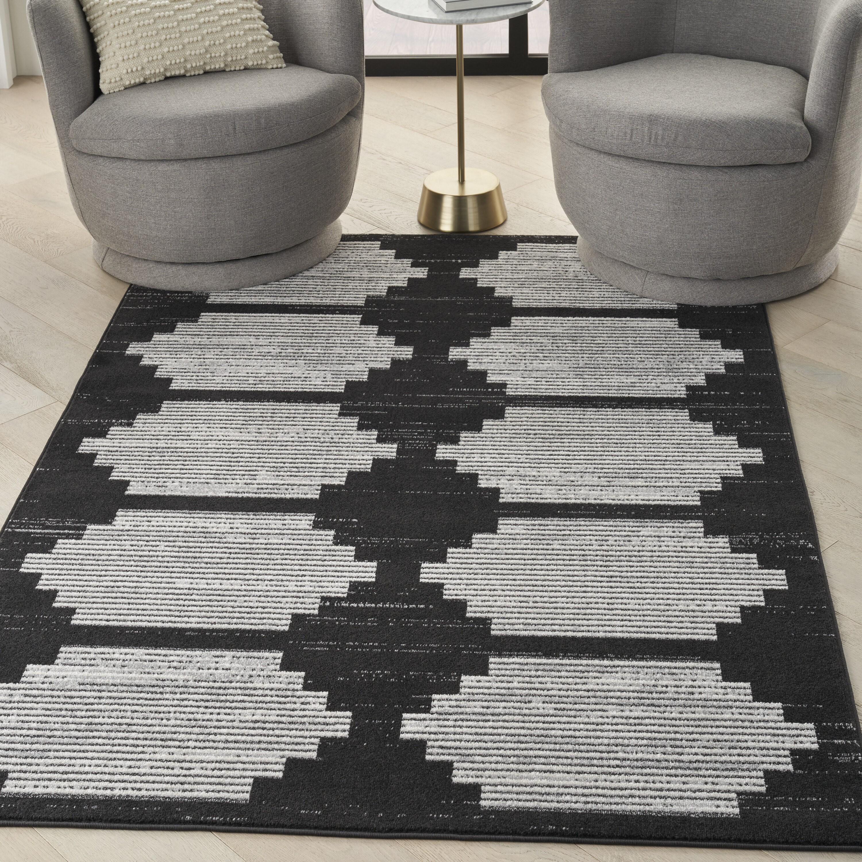 Nourison 099446106933 Modern Passion 6 x 9 (ft) Loomed Polypropylene Blk/Grey Rectangular Indoor Geometric Mid-Century Modern Area rug