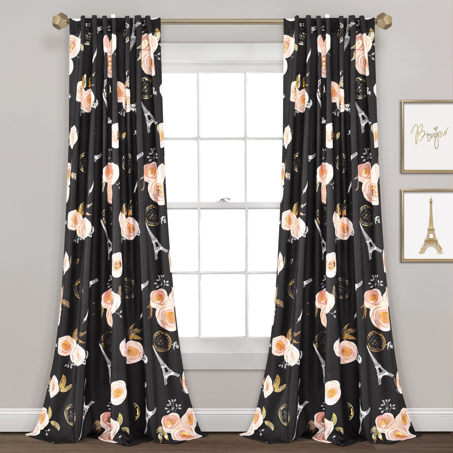 Lush Decor 16T005338 84-Inches Black Floral Back tab Curtain panel pair