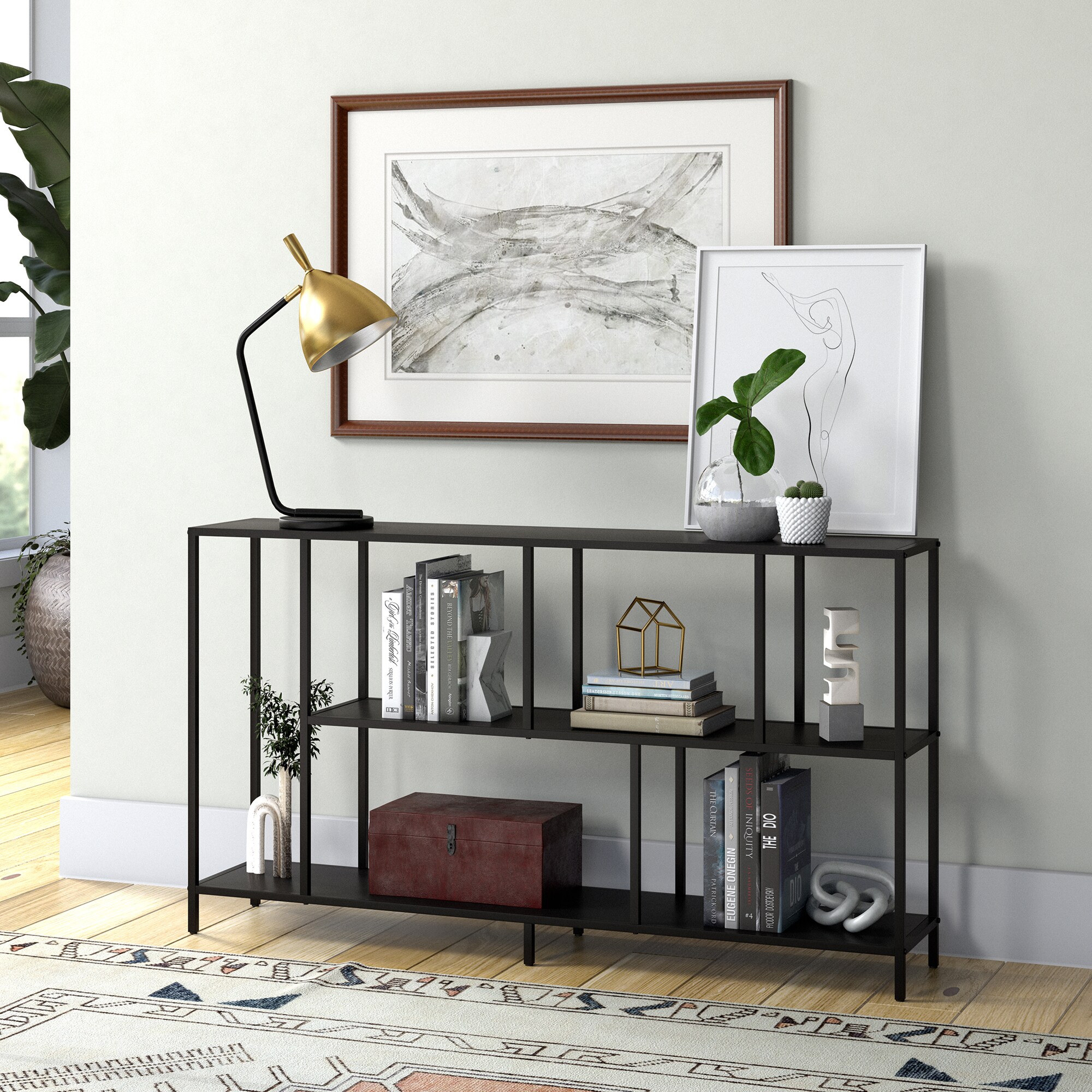 Winthrop 52" Blackened Bronze Console Table with Tempered Glass Shelves