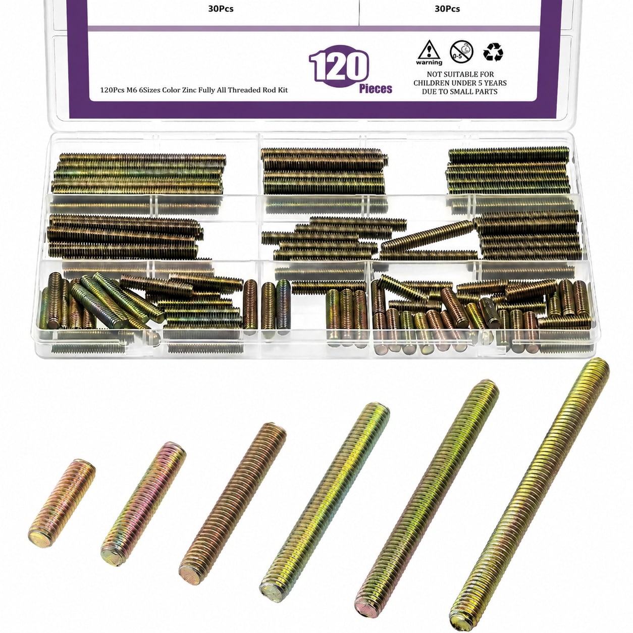 KHKFY 120 Pieces M6 Fully Threaded Rod Assortment Kit with 6 Lengths Galvanized Carbon Steel for Furniture Machinery Assembly #LKH0817H457