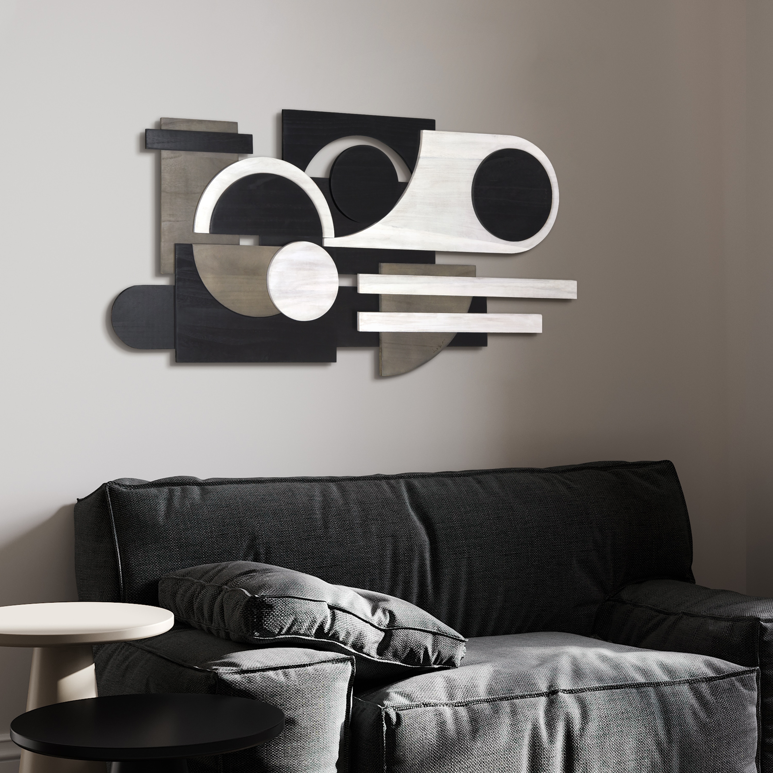 Luminous Whisper 48" x 24" Black and White Paulownia Wood Abstract Wall Art