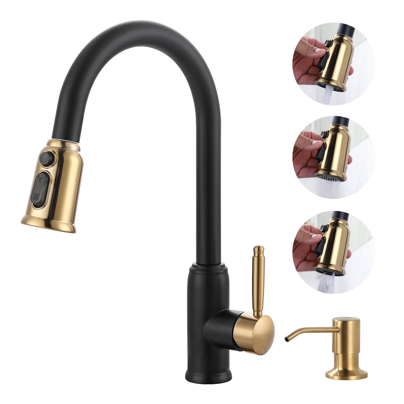 ARCORA Single Handle Pull Out Sprayer Kitchen Faucet Deckplate Included with Soap Dispenser in Black Gold