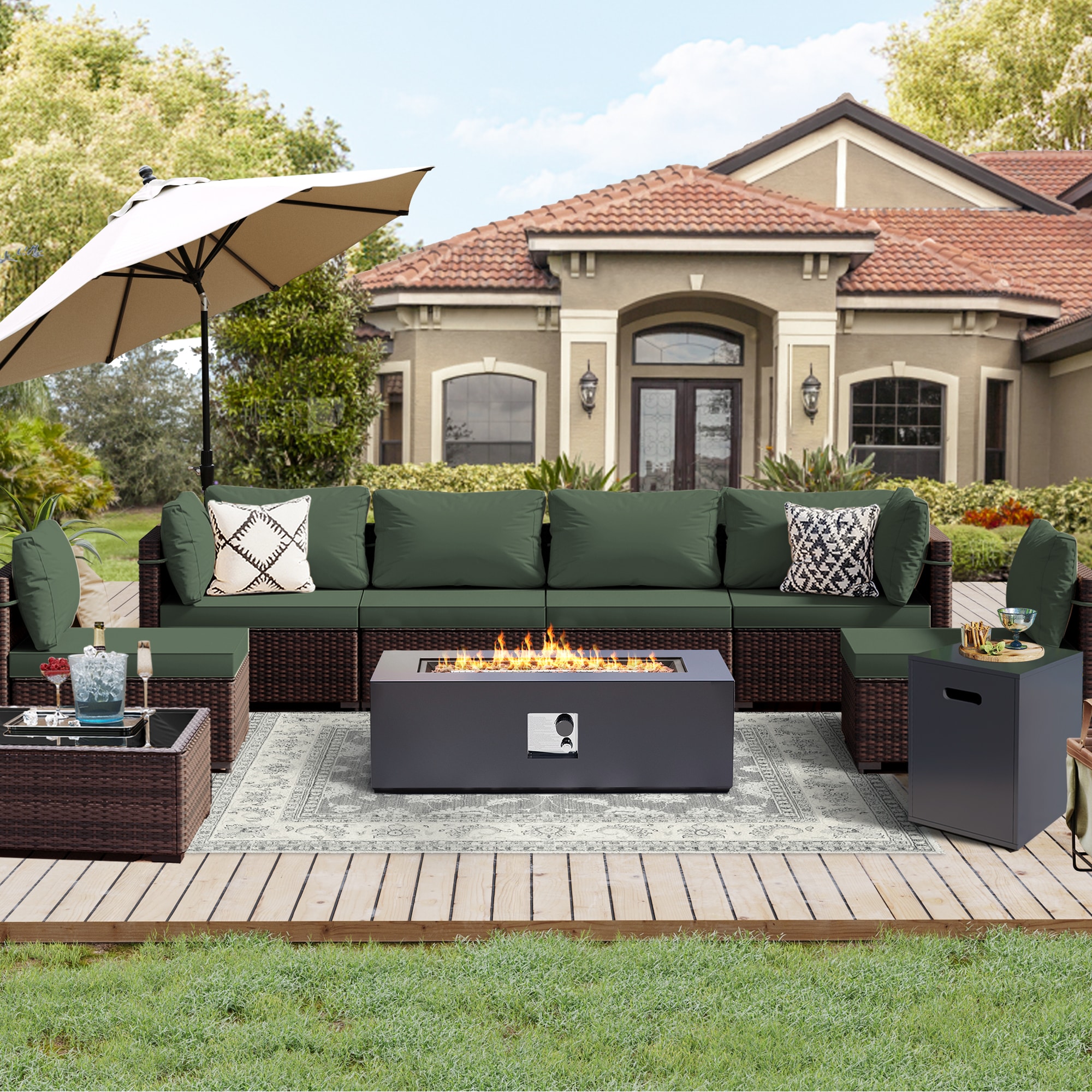 UPHA PL-2CZ-C42TPDK-Z2 Brown Wicker Paio Furniture Set 9 -Piece Wicker 4 Patio Sofa Conversation Set with Green Cushions
