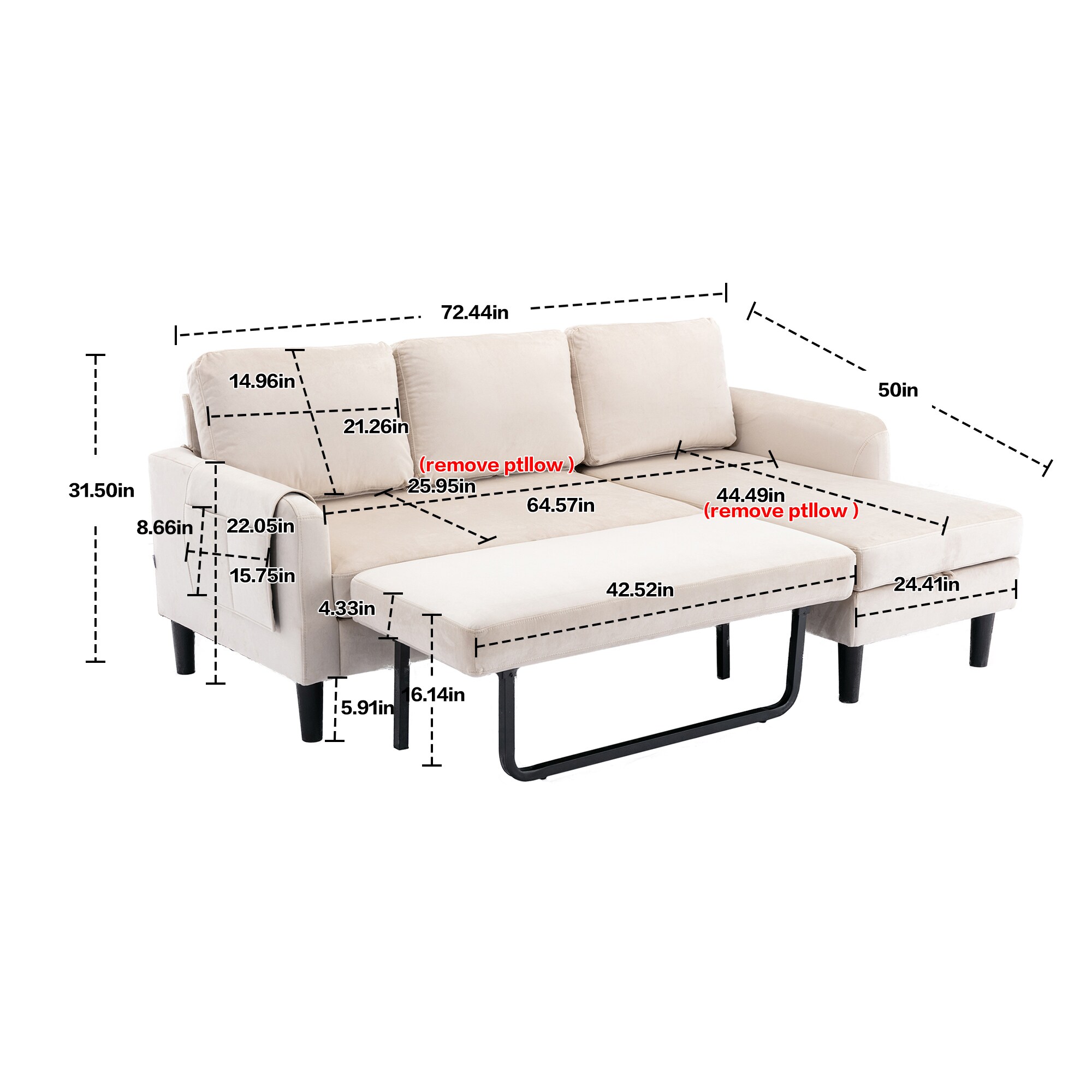 Clihome 72.4in Living Room Sofa 72.4-in Modern Beige Polyester/Blend 3 ...