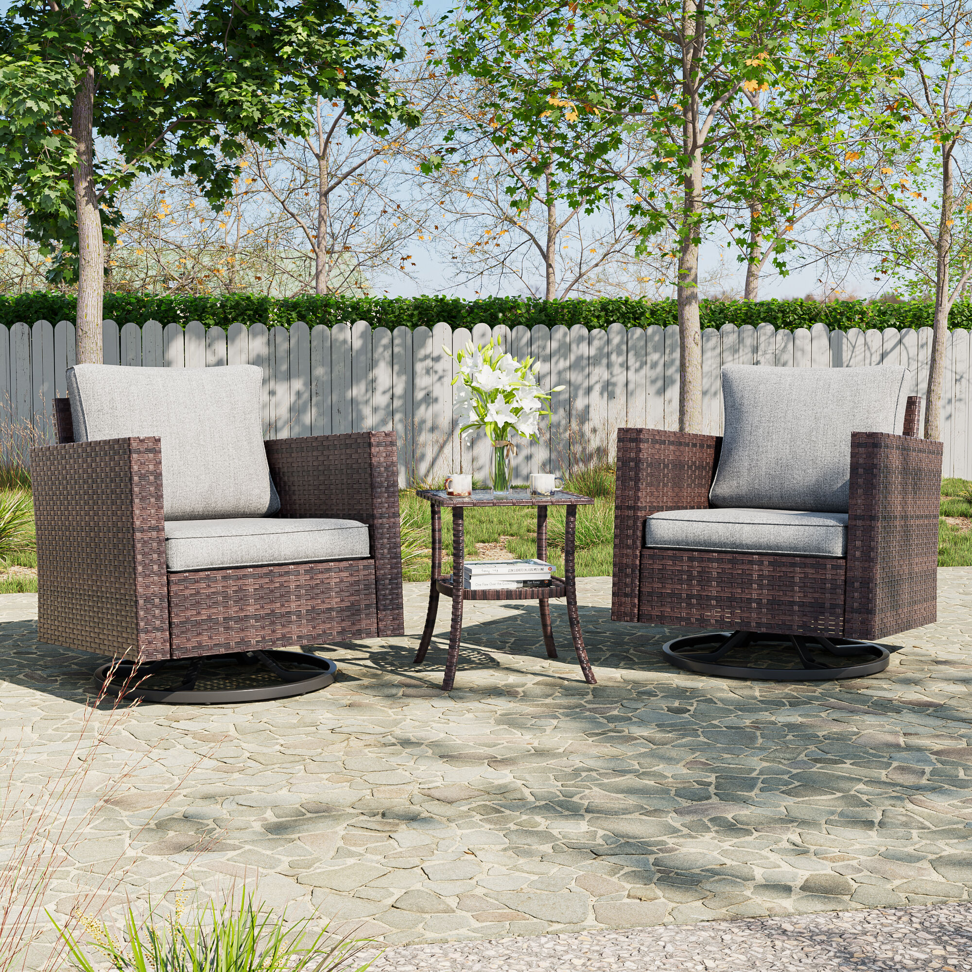 ACEGOSES LW-2R-BLY-T2 Patio Swivel rocker chairs 3-Piece Wicker Patio Conversation Set with Gray Cushions