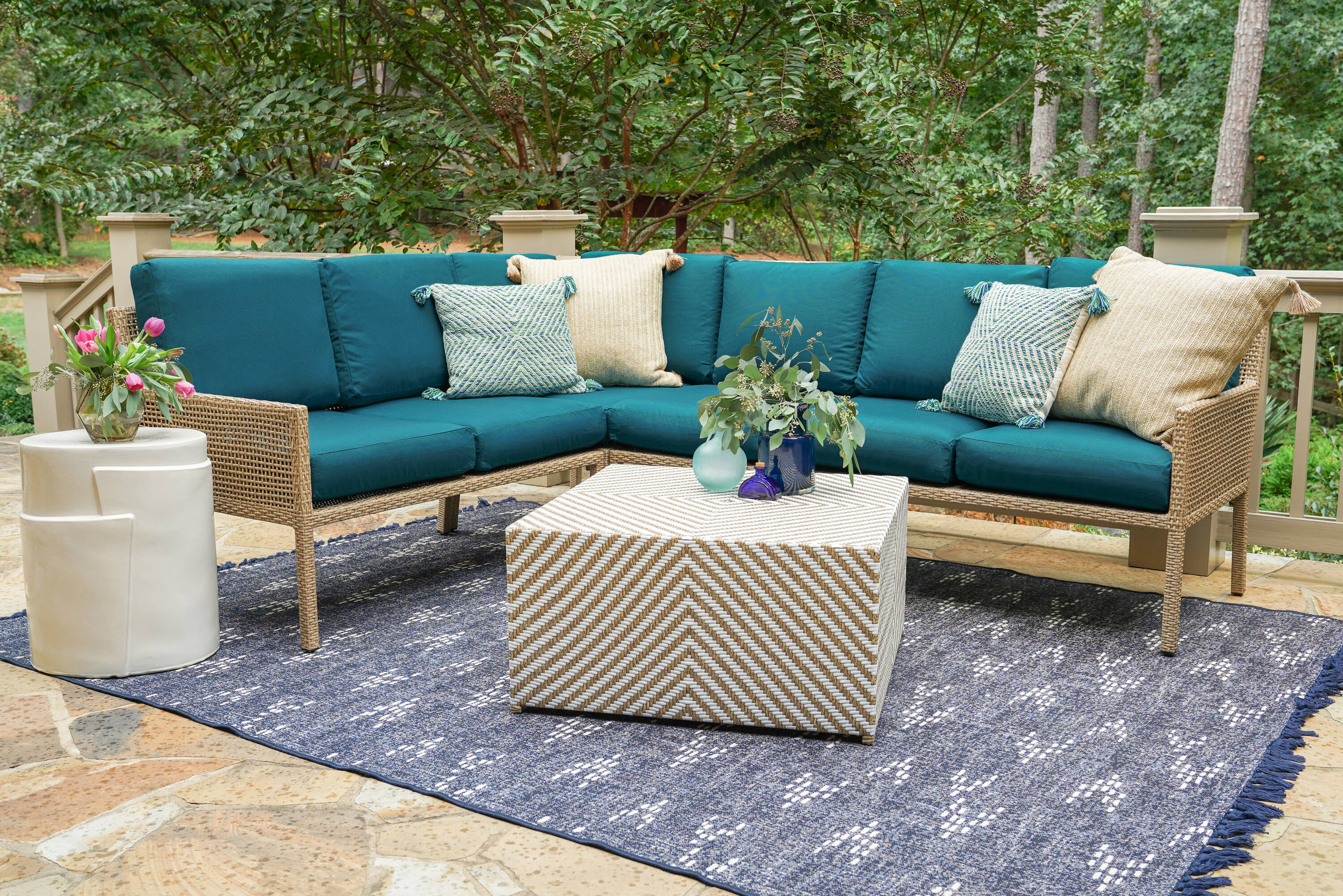 Leisure Made 139475-PEA Riviera Wicker Outdoor Sectional with Blue Cushions and Steel Frame