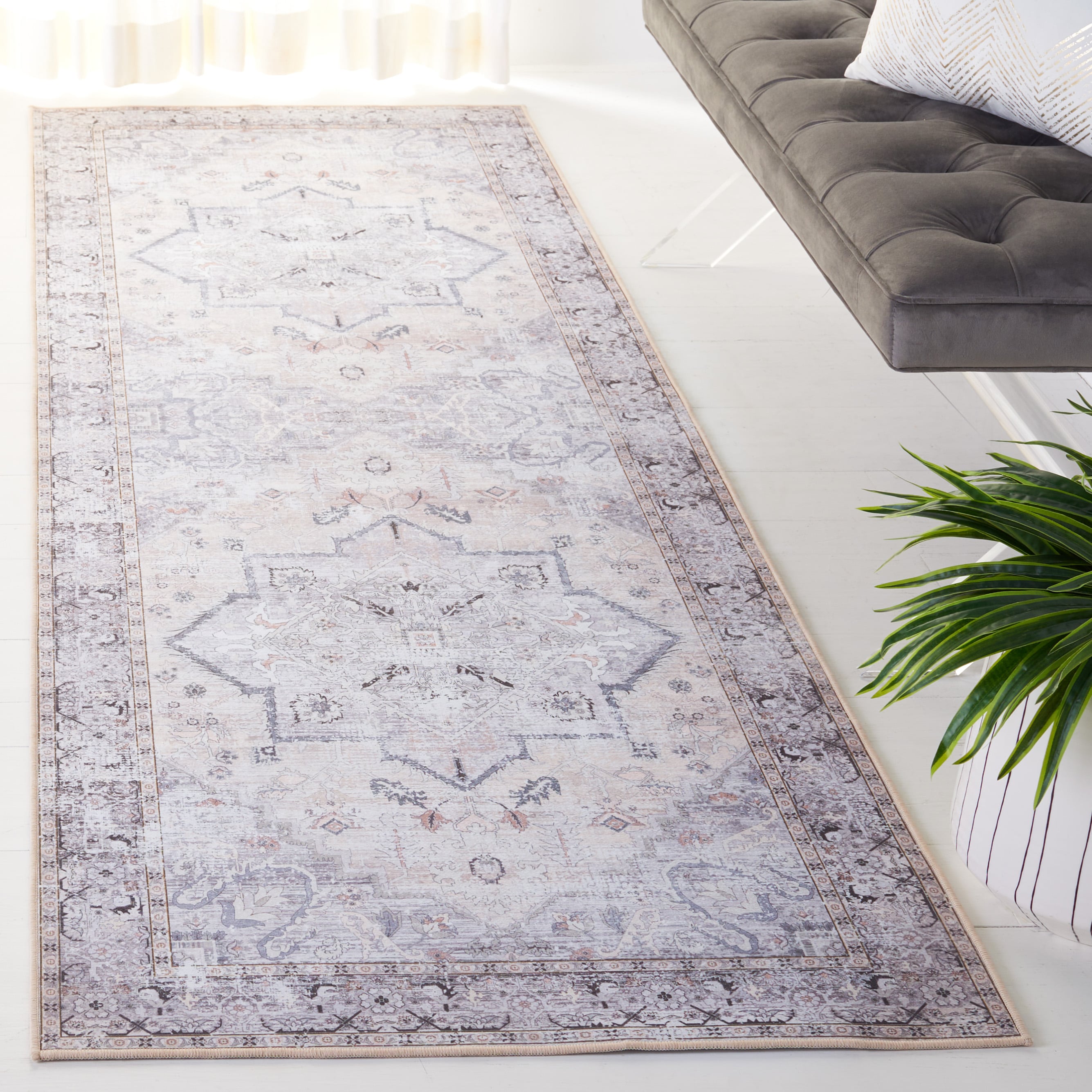 Safavieh TSN137B-28 Tucson 3 x 8 (ft) Loomed Polyester Beige/Gray Rectangular Indoor Border Machine washable Runner rug