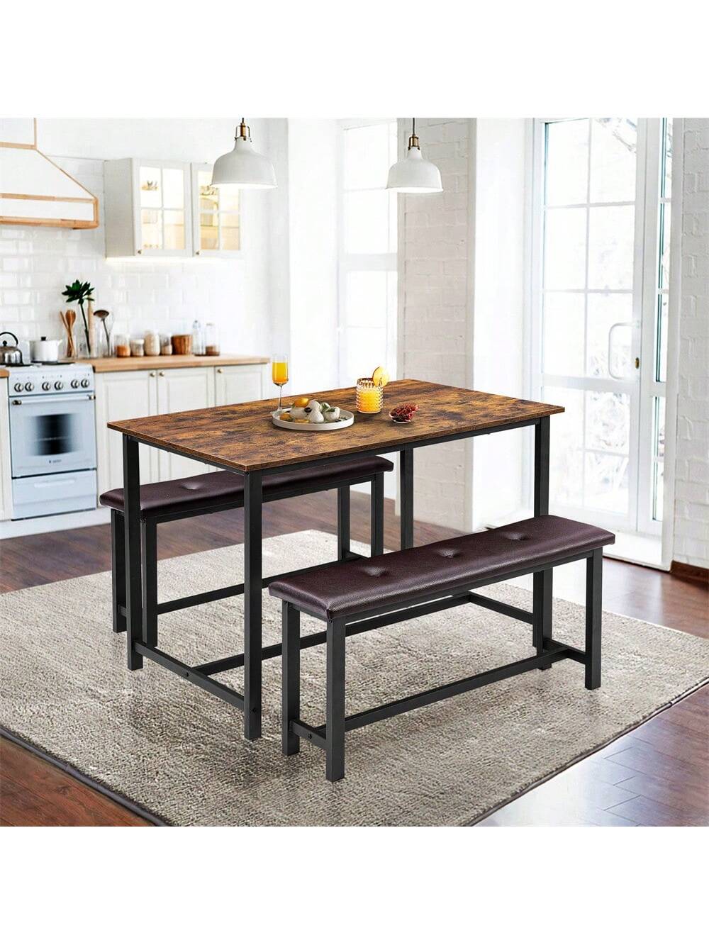 Qeetex BY-PHO-0UTGDYMP Dining Table Set For 4 Kitchen Table With 2 Upholstered Benches Rectangular Dining Room Table Set 3 Piece Kitchen Table Set For Small Space Apartment Studio Home