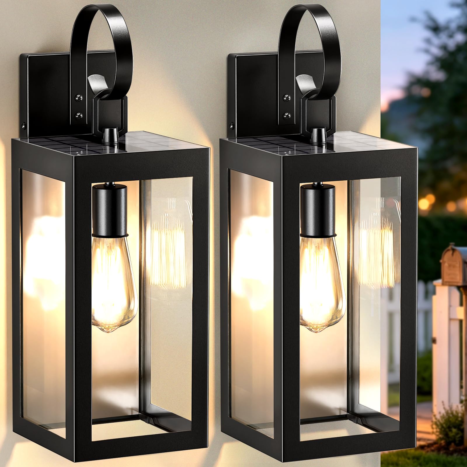 Phewnyzo  18 Inch Solar Wall Lights Outdoor 2 Pack Dusk to Dawn Black Outdoor Light Fixture with Clear Glass Waterproof for Porch Garage House