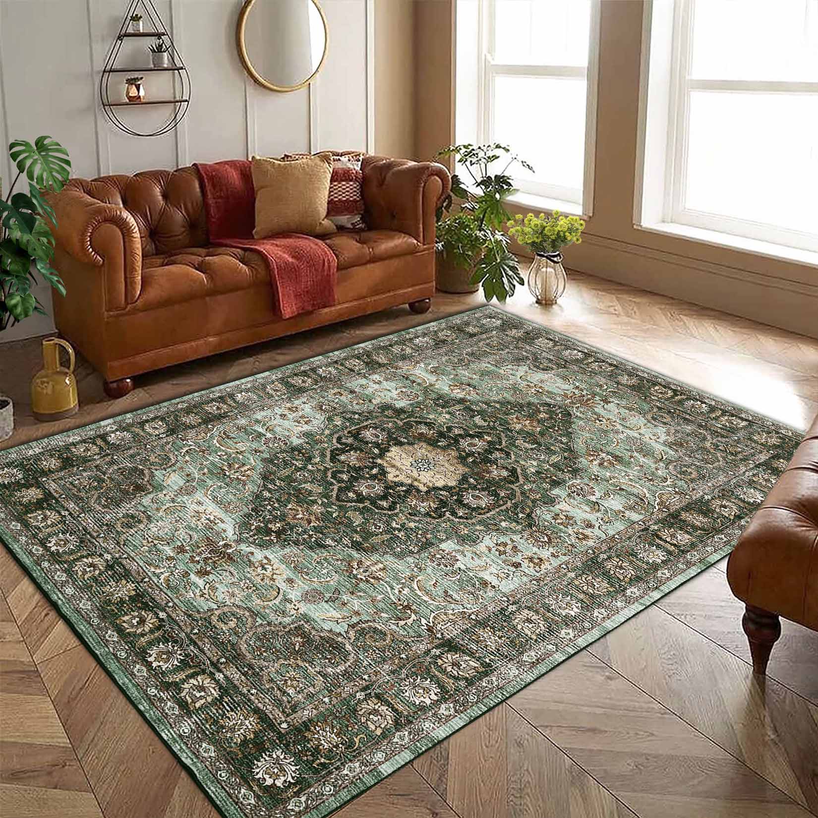 Garvee YXY-LO-PHO-16DHO4XQ 8 x 10 (ft) Loomed Green Rectangular Indoor Floral/Botanical Vintage Machine washable Pet Friendly Area rug