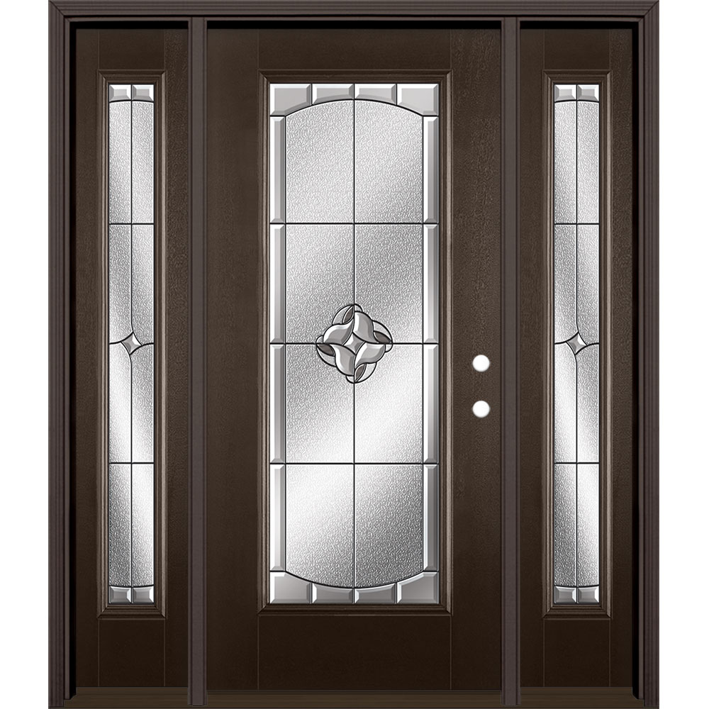 Masonite 3422999 Rozet 60-in x 80-in x 4-9/16-in Fiberglass Full lite Left-hand inswing Walnut Stained Prehung Single door with sidelights Front Door with Brickmould Insulating core Decorative glass