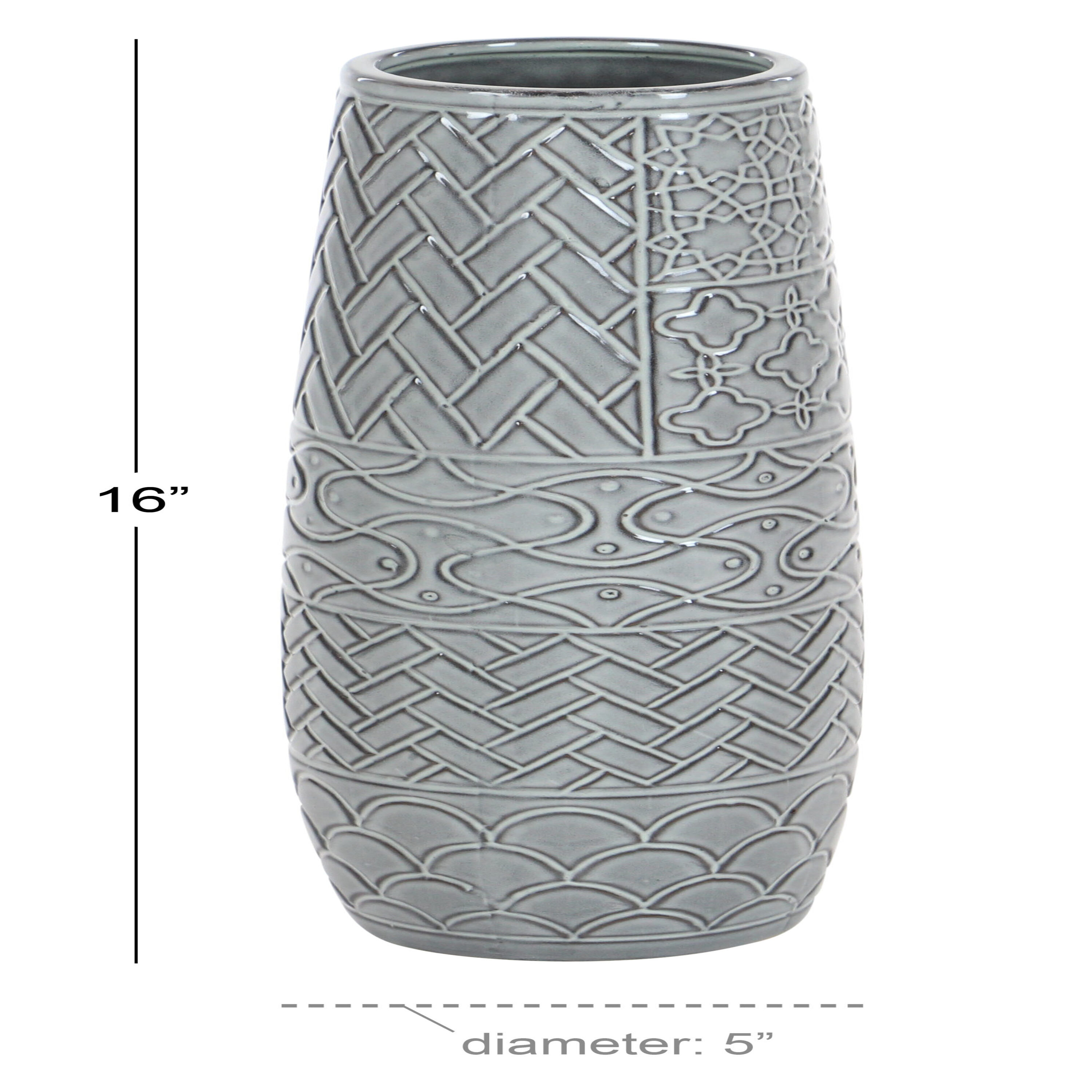 16" Gray Ceramic Floor Vase with Geometric Patterns
