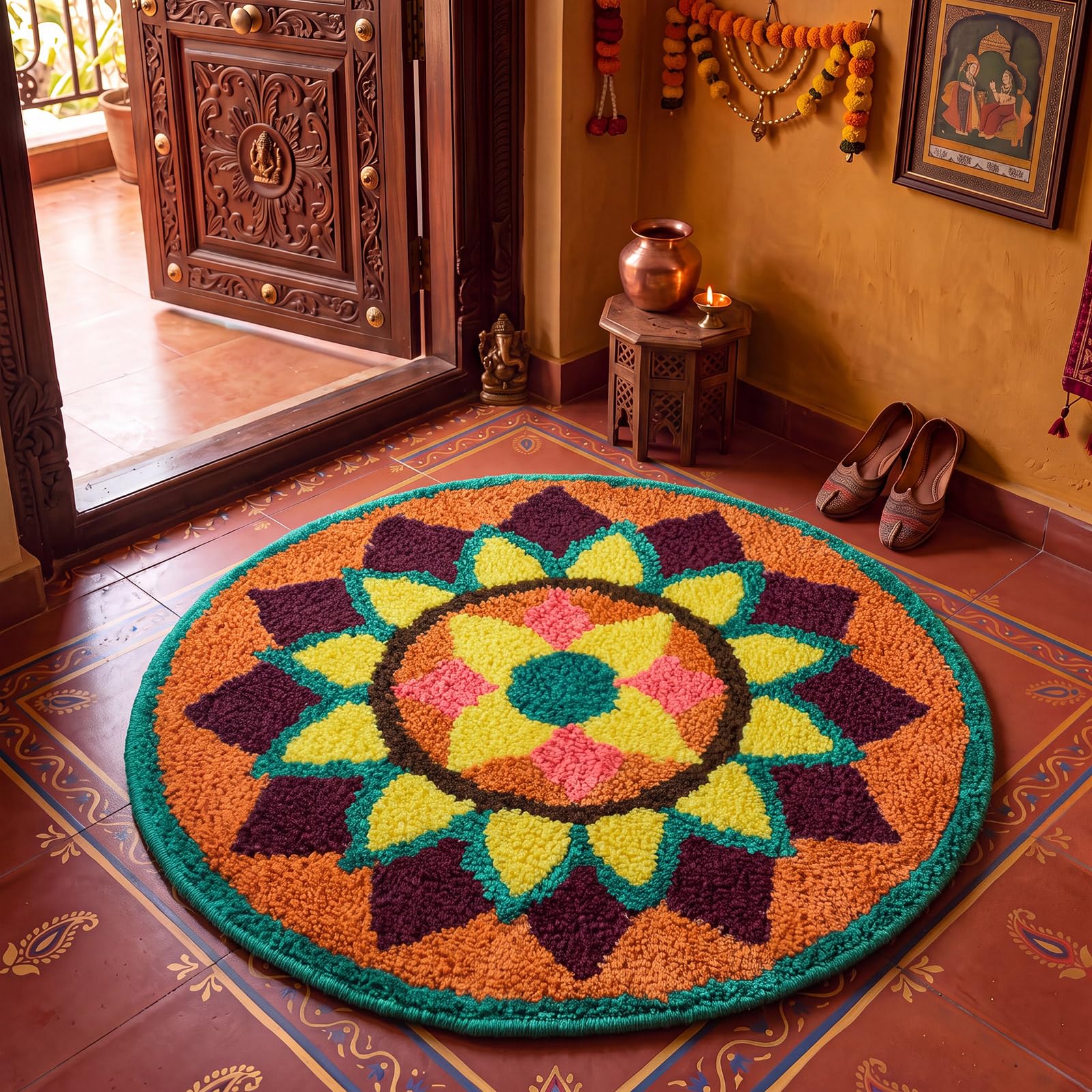 SenQWFa 20in Diwali Rangoli Mat with Lotus Floral Design for Indian ...