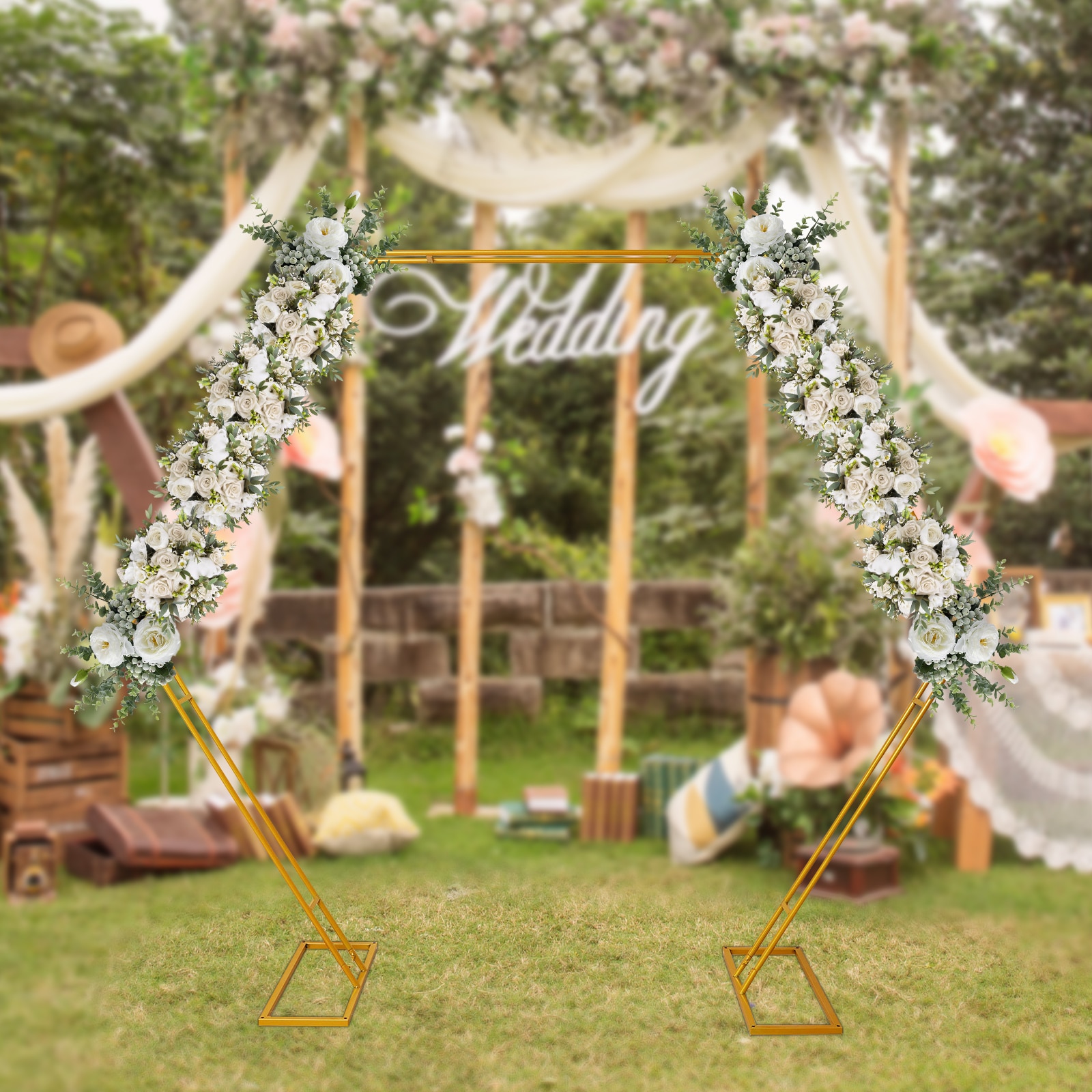 CNCEST 8.2-ft W x 7.22-ft H Gold Iron Hexagon Arch Backdrop For Wedding ...