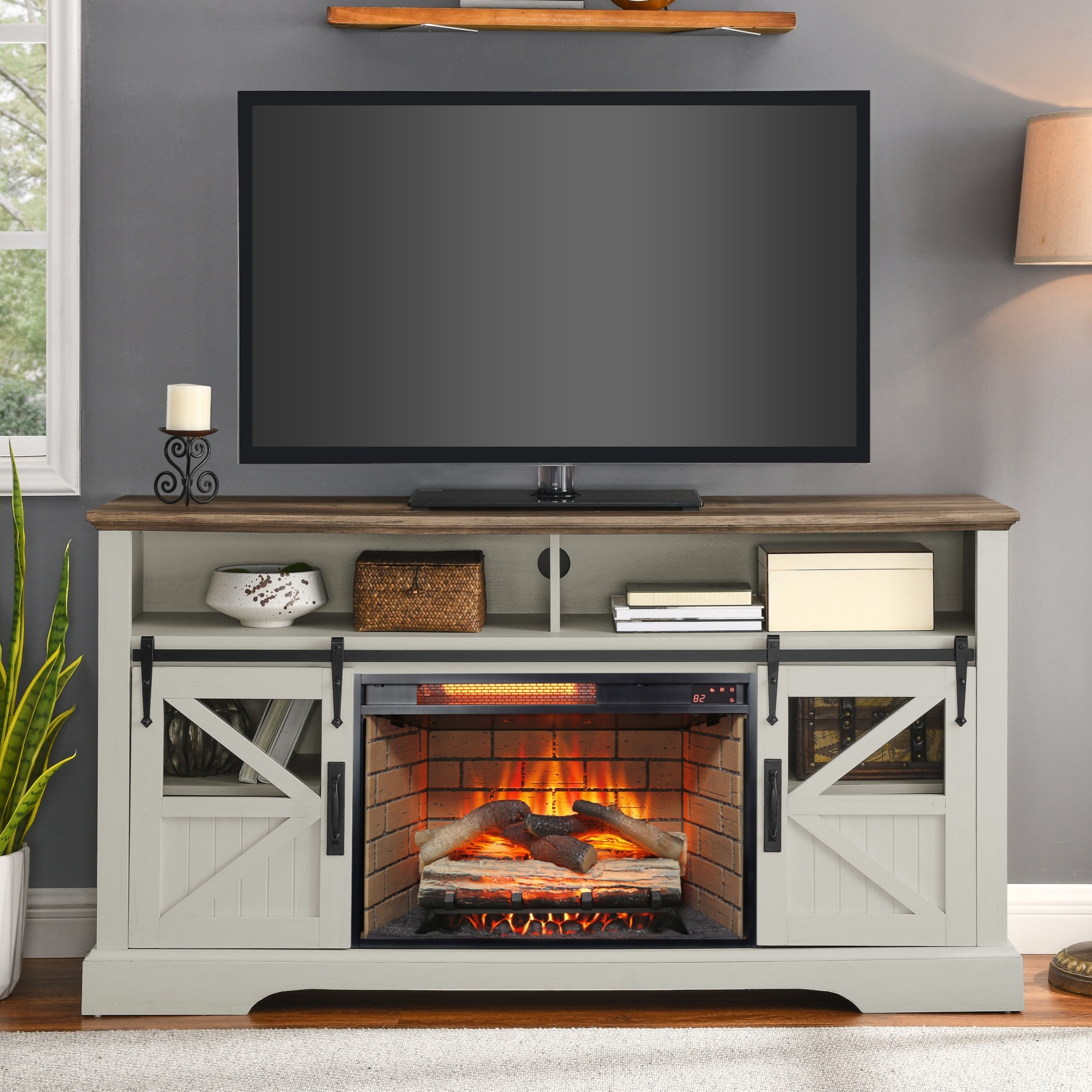 Bybafun 60-in W Off-white(Assembly Required) TV Stand with Fan-forced Corner or Flat Wall Electric Fireplace with Remote Control Included