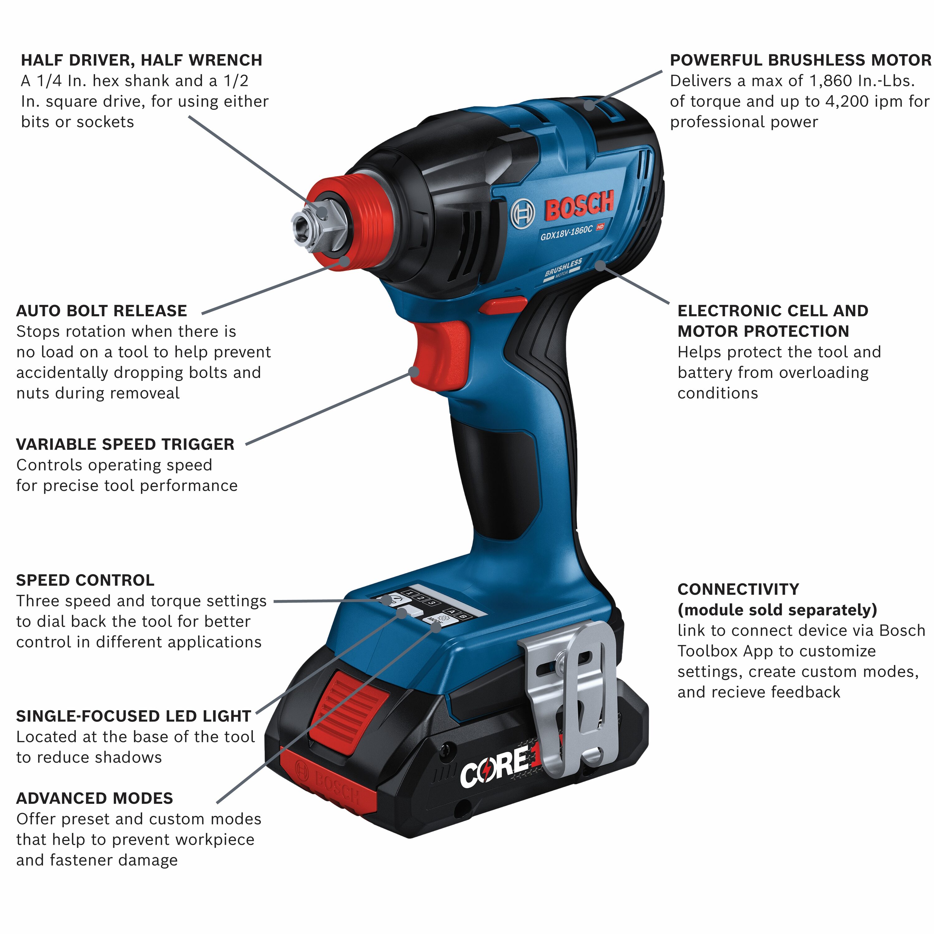 Bosch GDX18V-1860CB15 18-volt 1/4-in; 1/2-in Variable Speed Brushless ...