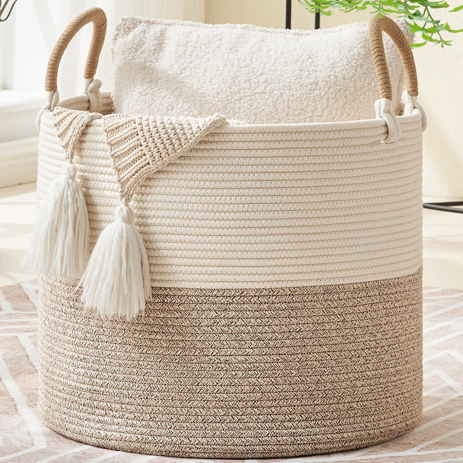 Ahfiwaso -  Large Blanket Basket 18 by 18 by 16 Woven Cotton Rope Storage Hamper with Handles for...