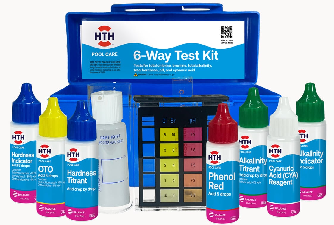 HTH Pool Care 6-Way Test Kit for Swimming Pools - Tests Total Alkalinity, pH, Chlorine/Bromine, Hardness - Compatible with Chlorine and Salt Pools -  1278