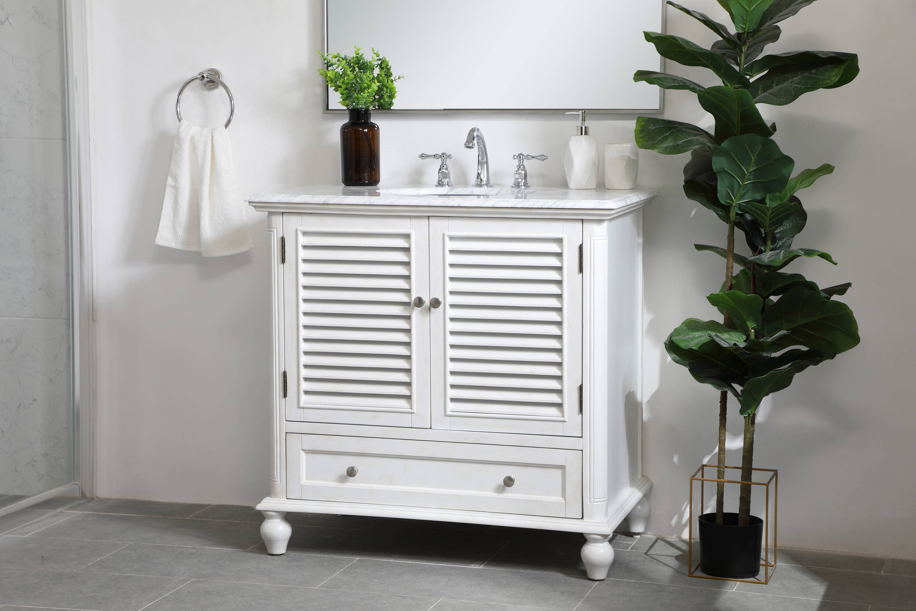 Rhodes 36" Coastal White Single Bathroom Vanity with Marble Top