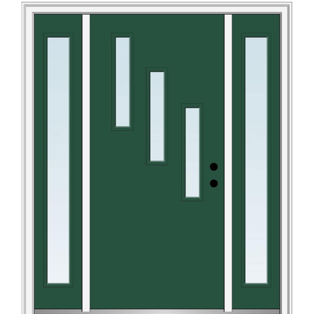 MMI DOOR ZZ349350L Spotlights 60-in x 80-in x 6-9/16-in Fiberglass Pulse lite Left-hand inswing Hunter Green Painted Prehung Front Door with Sidelights with Brickmould Insulating core