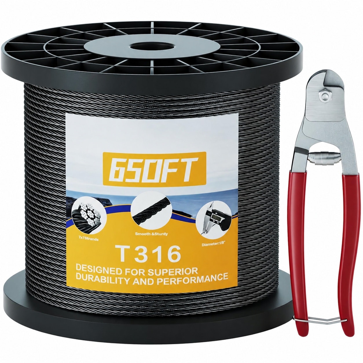 Misopily  One Eighth Inch Black Stainless Steel Cable Roll 650FT Heavy Duty Flexible Wire Rope for Outdoor Deck Railing Kit Fence DIY