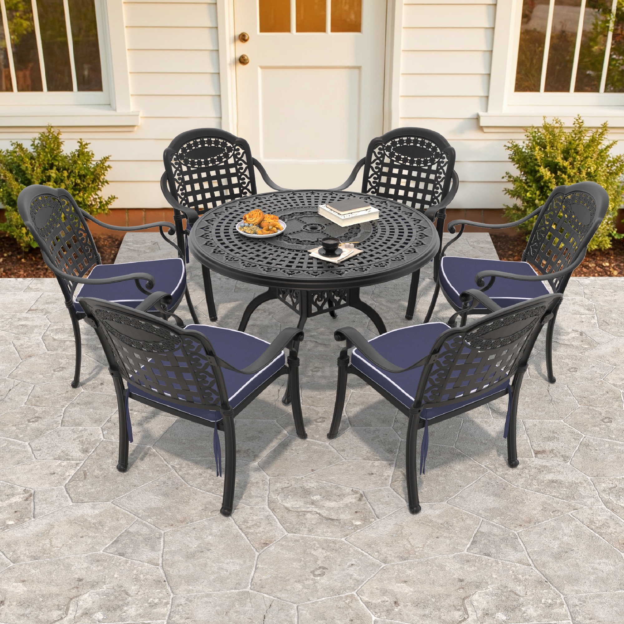 nicesure SLBK6012CZ6A1114RC 7 -Piece Black Patio Dining Set Aluminum Round Table with 6 Cushions Stackable Stationary Chairs