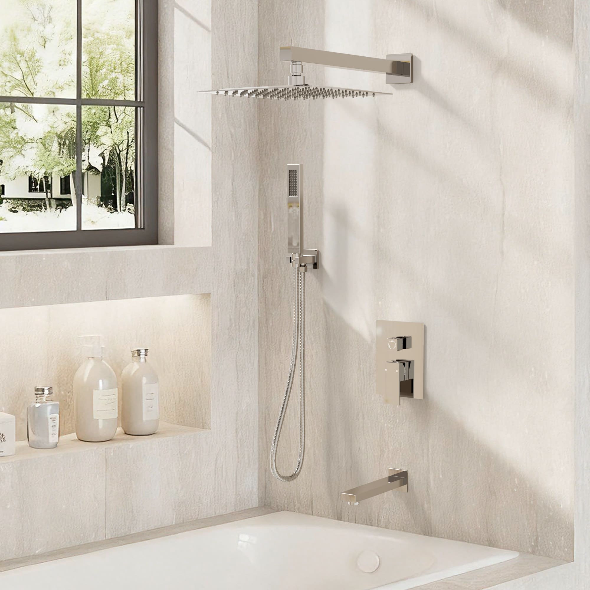 YAWWALK 2-in-1 Wall Mount Rainfall Shower Faucet Set with Handheld Spray and Pressure-Balanced Valve